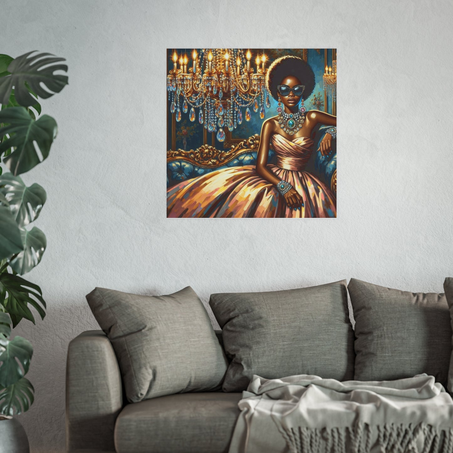 Elegant Glamour Satin Poster, Wall Art Decor, Modern Home Gallery, Gift for Art Lovers, Chic Interior Decoration - Elegant Lady & Chandelier