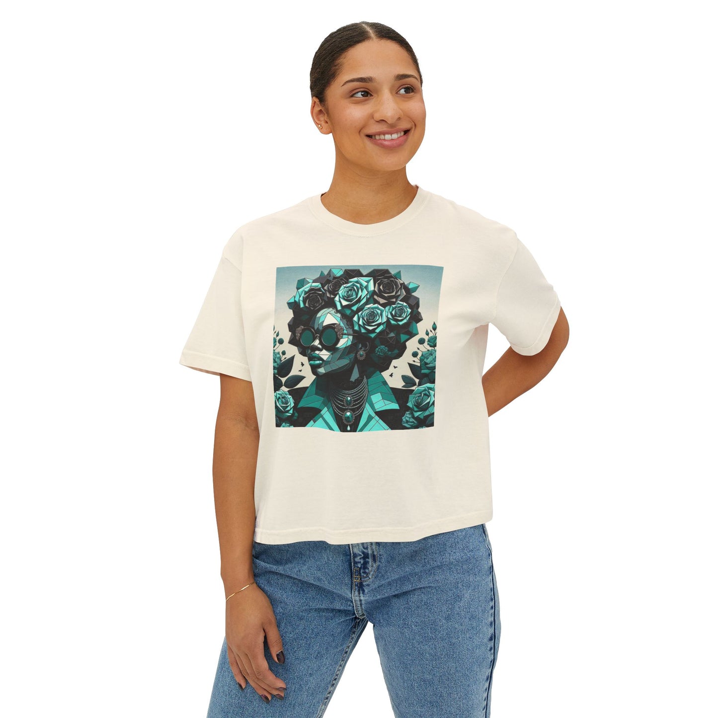 Floral Skull Women's Boxy Tee, Casual Outfit, Graphic Tee, Festival Fashion, Gift for Her - Turquoise & Black Roses Lady