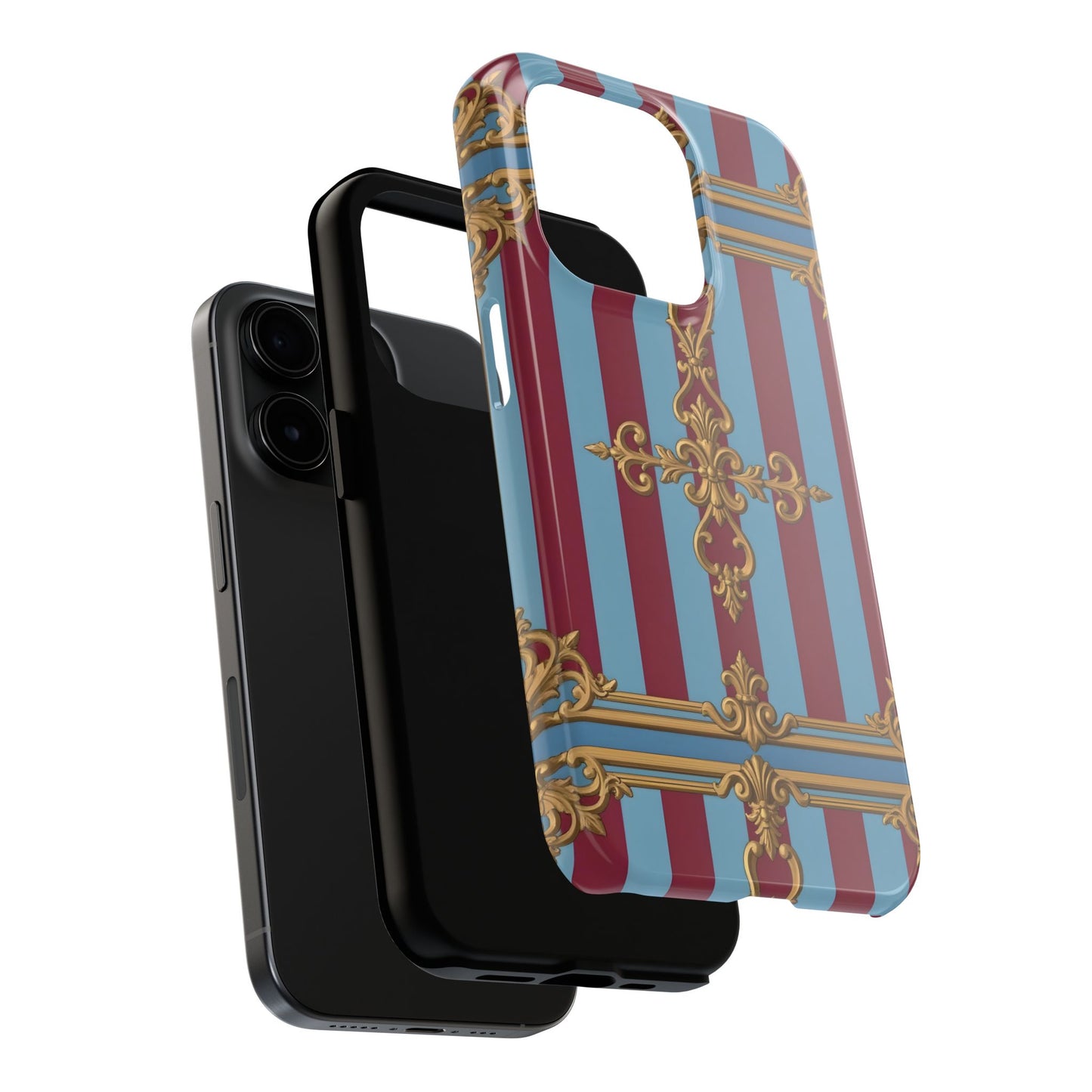 Elegant Patterned Tough Phone Cases, Stylish Phone Cover, Durable Phone Protection, Unique Gift Idea - Sky Blue & Maroon Striped Baroque