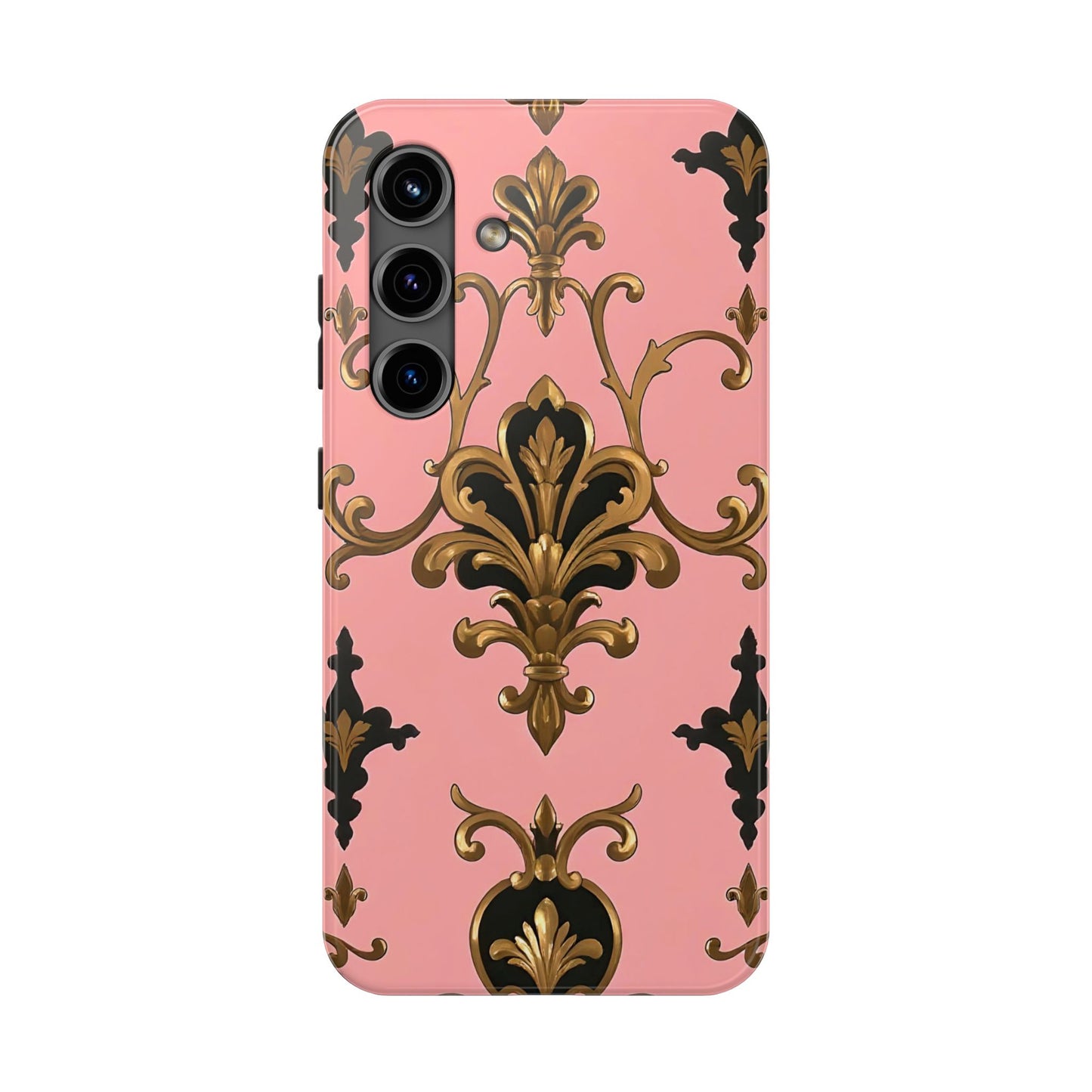 Chic Tough Phone Cases with Floral Design, Elegant Phone Cover, Durable Smartphone Case, Stylish Tech Accessory - Pink, Black & Gold Rococo