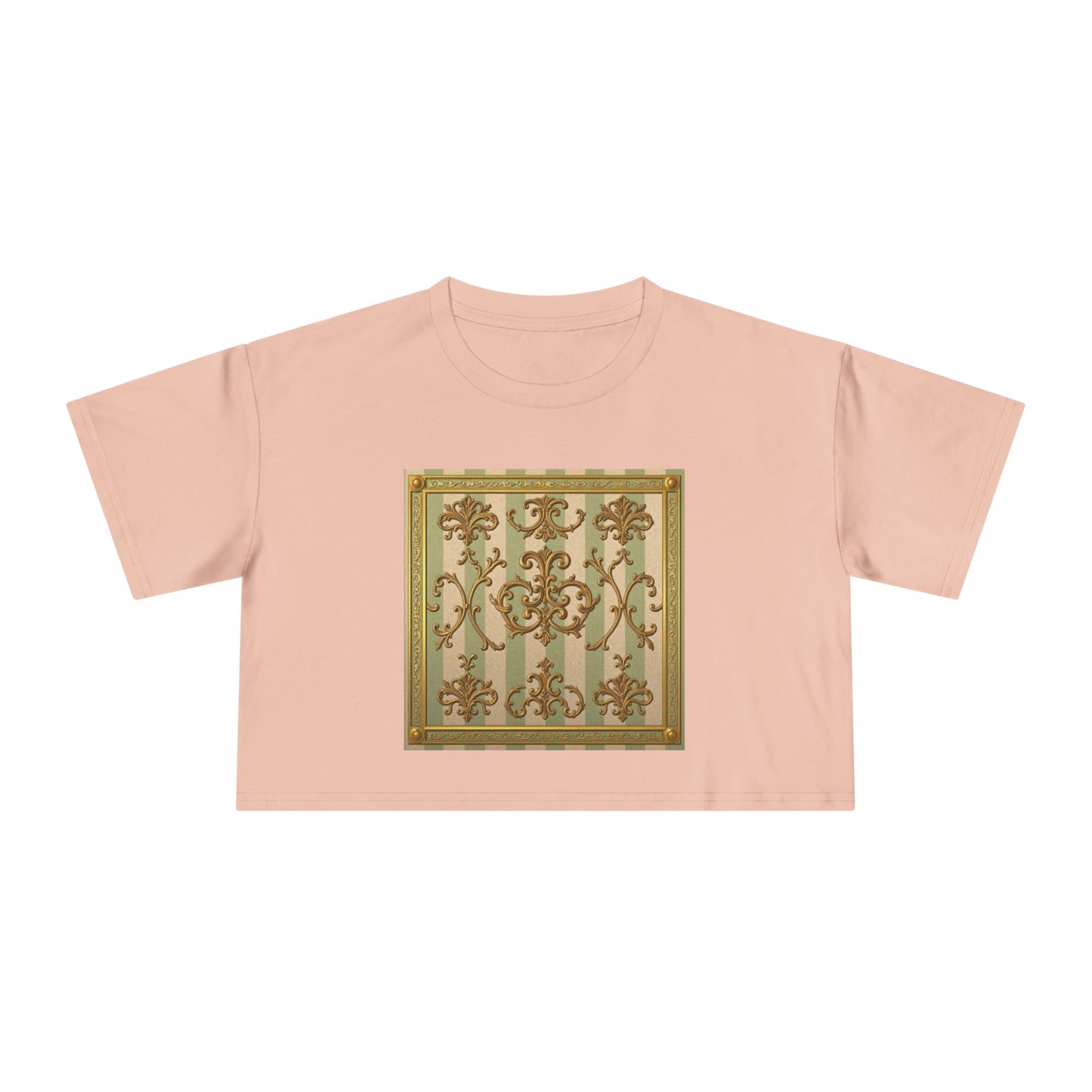Stylish Women's Crop Tee with Elegant Print, Summer Fashion Top, Casual Chic Shirt, Gift for Her, Trendy Outfit - Mint & Beige Striped Gold Baroque