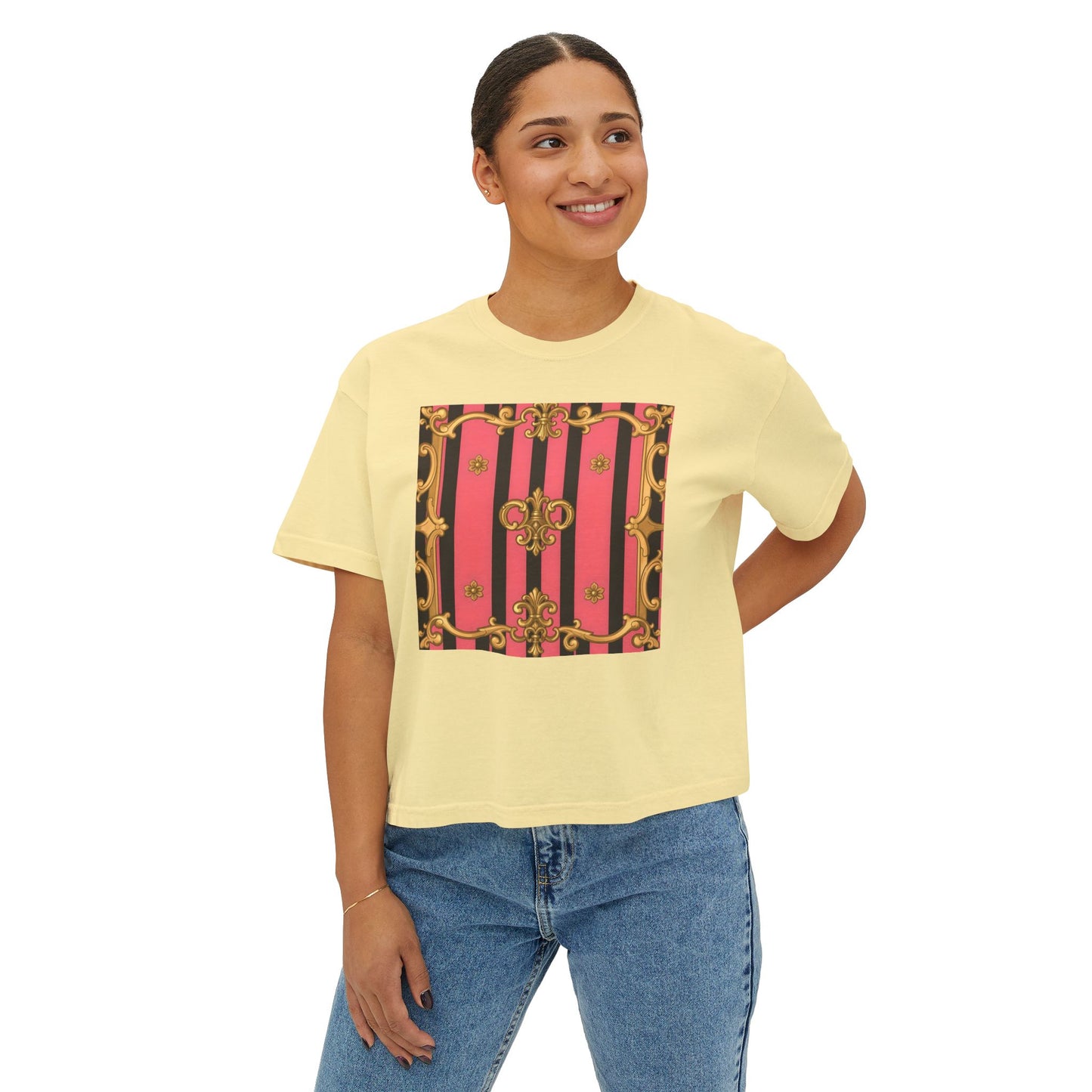 Chic Graphic Boxy Tee - Trendy Women's Casual Top, Festival Shirt, Gift for Her, Baroque Style - Pink & Black Striped Gold Baroque