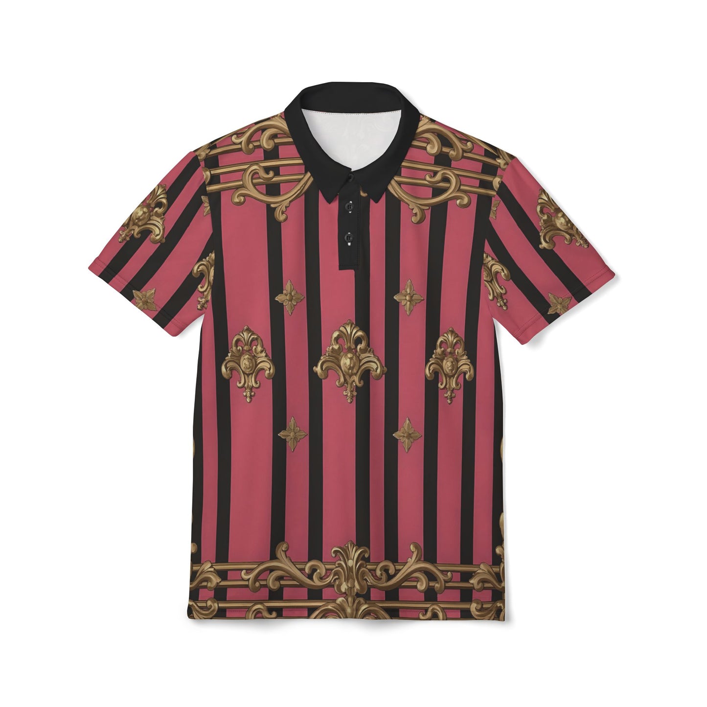 Elegant Striped Unisex Polo Shirt, Stylish Casual Wear, Fashion Gift, Summer Outfit - Pink Striped Gold Rococo