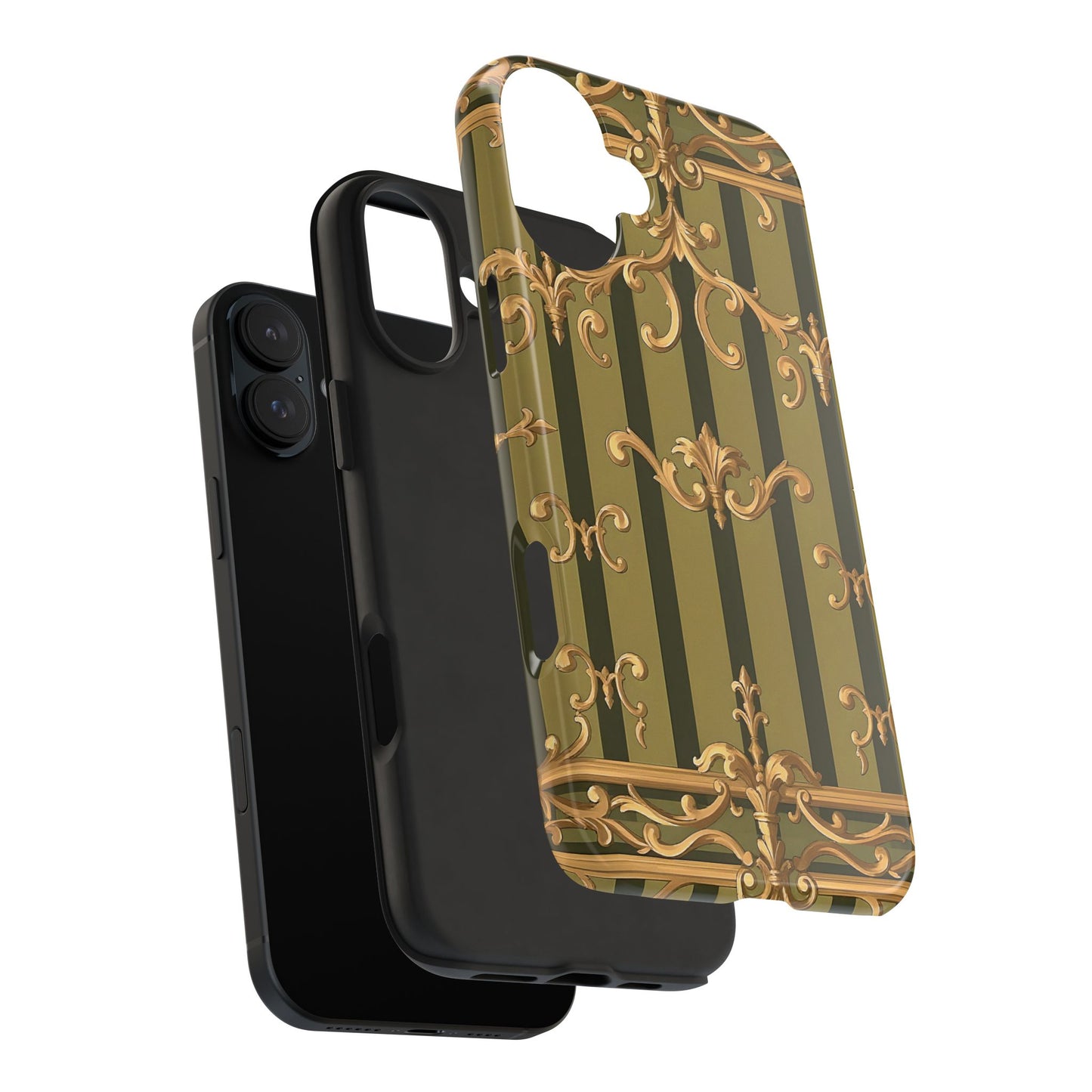 Elegant Vintage Phone Case - Tough Protection with Classy Design, Stylish Phone Cover for Fashion Lovers - Olive Green Striped Rococo