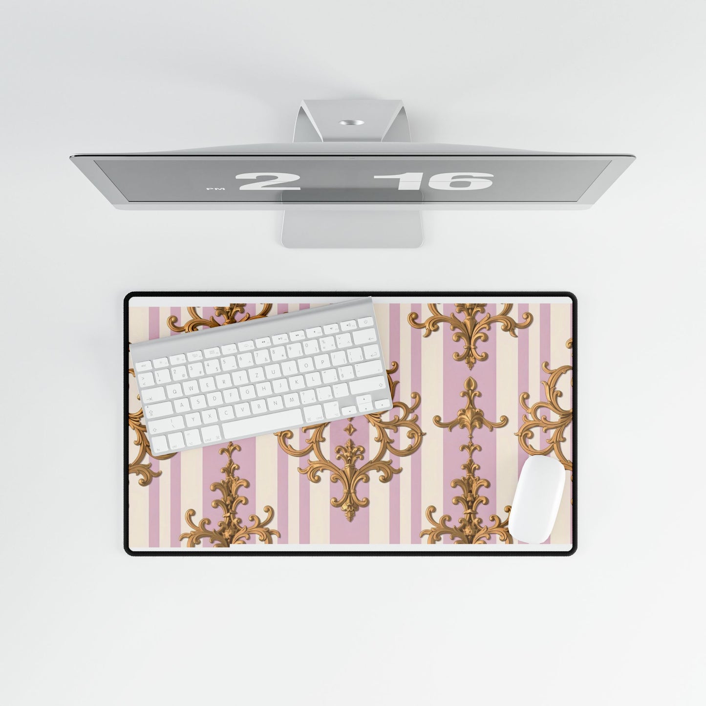 Elegant Decorative Desk Mats for Home Office, Stylish Workspace Accessories, Desk Protectors - Lilac & Alabaster Striped Gold Baroque