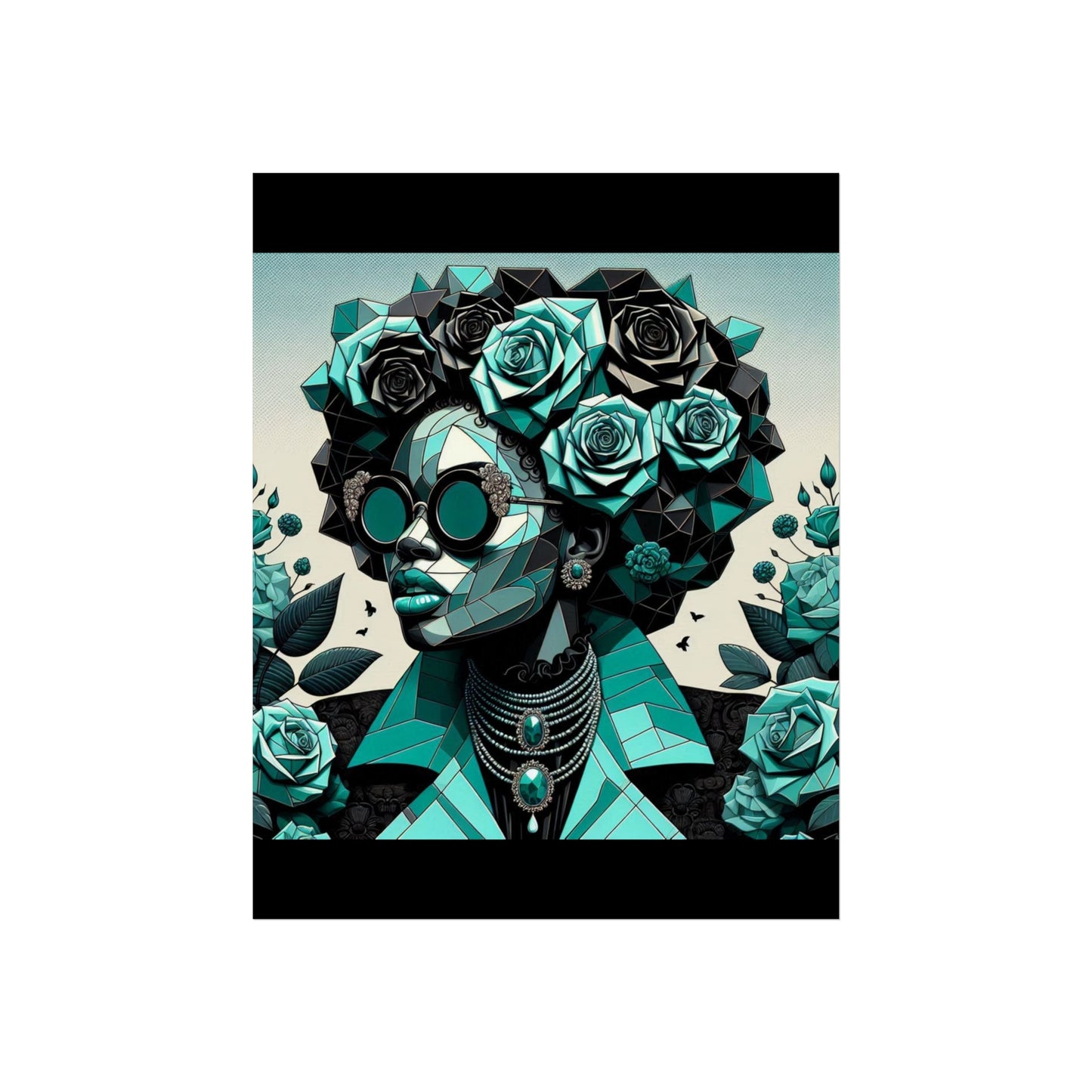 Chic Floral Fine Art Poster | Modern Wall Decor, Home Aesthetic, Gift for Art Lovers, Unique Room Makeover - Turquoise & Black Roses Lady