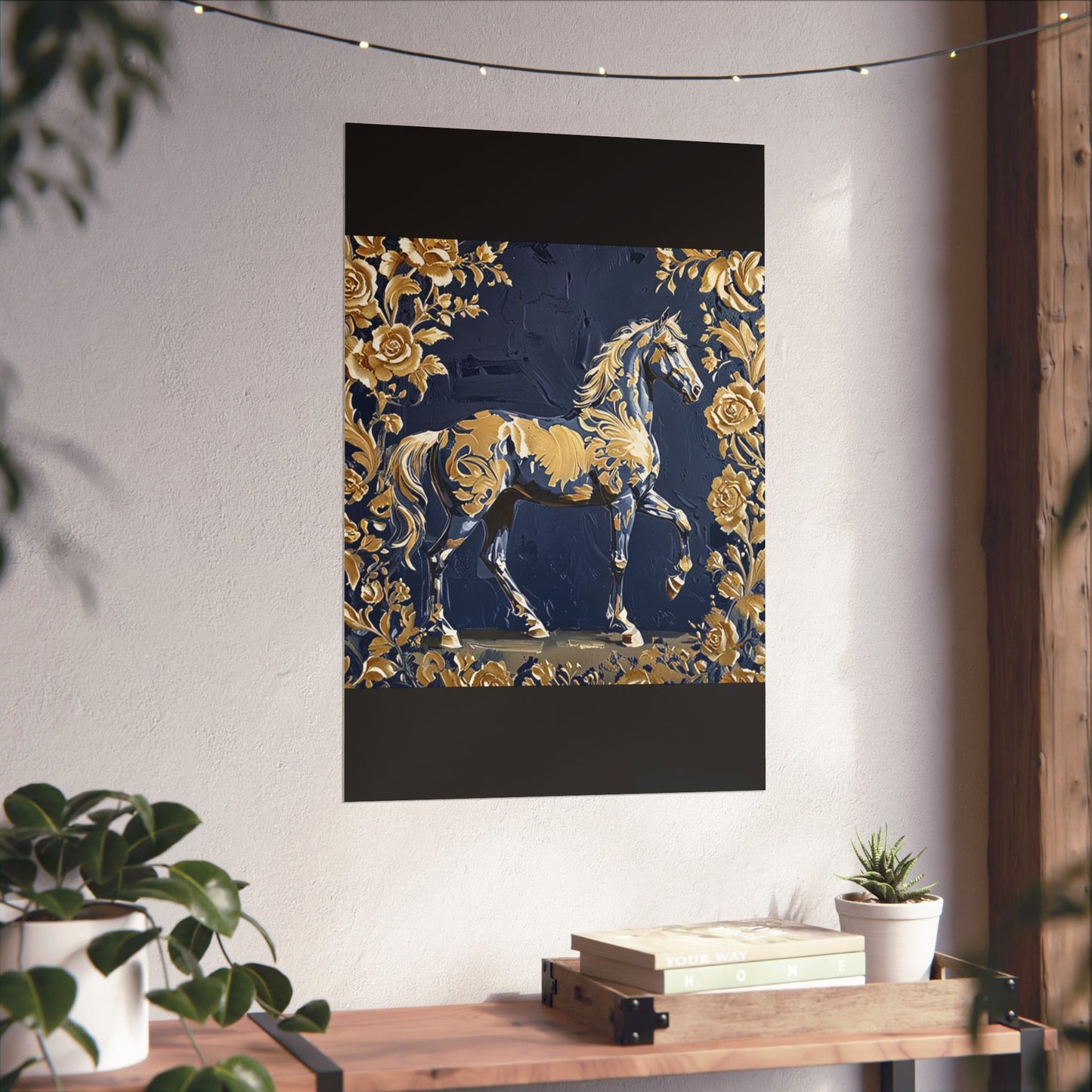 Floral Motif Art Poster - Elegant Matte Vertical Wall Decor - Midnight Blue & Gold Damask Horse