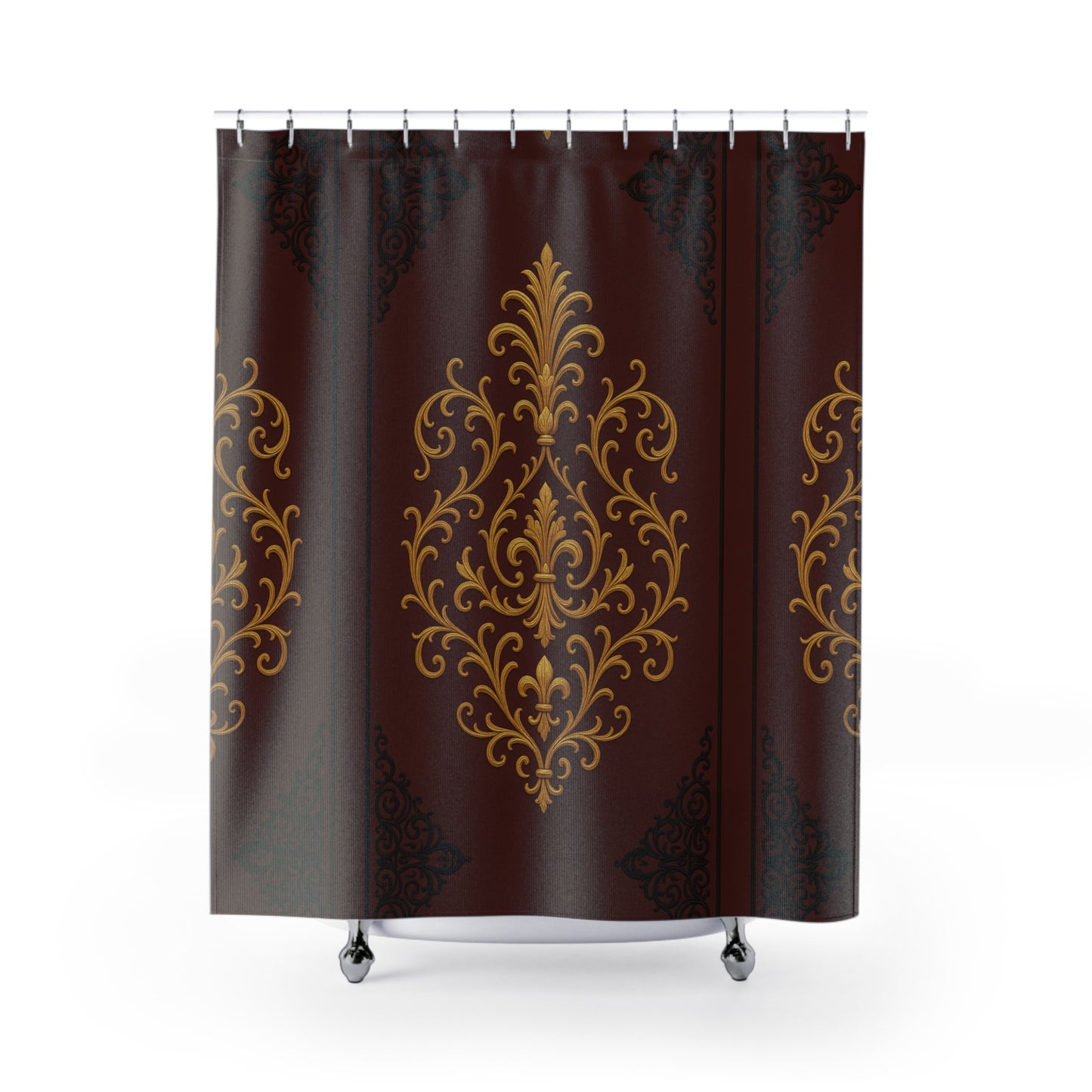 Dusk Burgundy-Black & Gold Baroque Shower Curtain — Elegant Gold Baroque Pattern on Burgundy