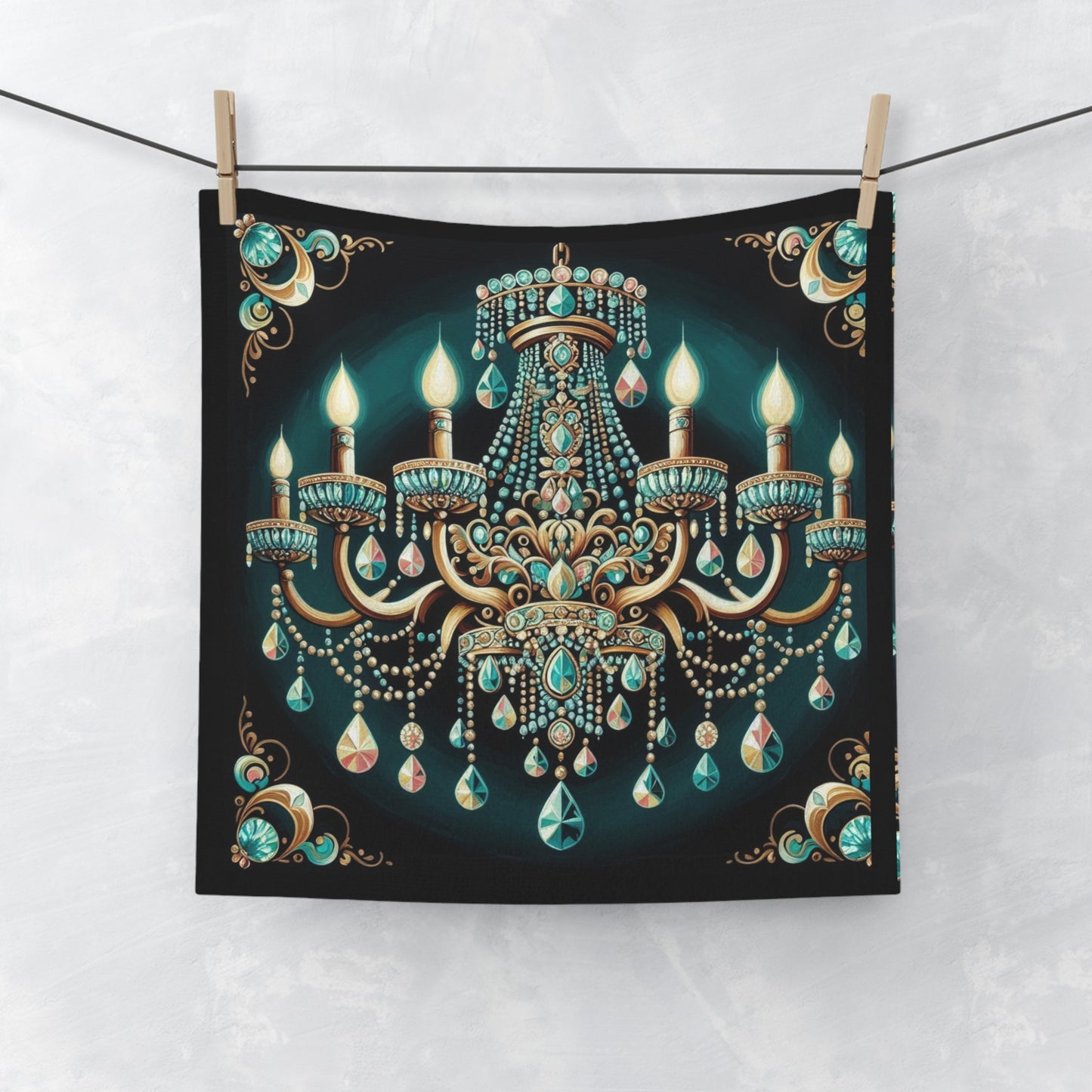Chic Chandelier Face Towel | Elegant Bathroom Decor, Gift for Homeowners, Housewarming, Wedding, Spa Use - Teal Jeweled Chandelier
