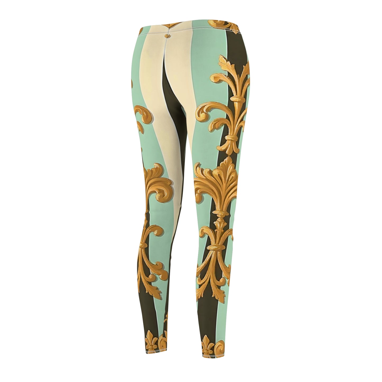 Elegant AOP Women's Leggings, Fashionable Activewear, Chic Workout Pants, Unique Casual Style - Black & Matte Mint Striped Rococo