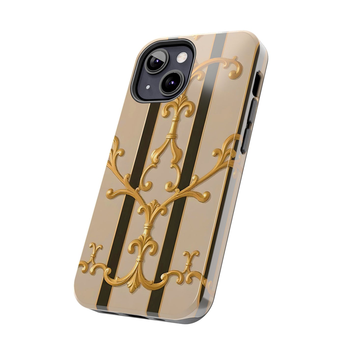 Elegant Vintage Tough Phone Case, Stylish Phone Cover, Boho Accessories, Perfect Gift for Her - Beige Striped Gold Rococo