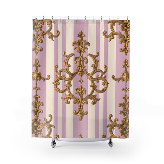 Elegant Vintage Shower Curtain with Ornate Gold Pattern, Luxurious Bathroom Decor, Bathroom Accessories - Lilac & Alabaster Striped Gold Baroque