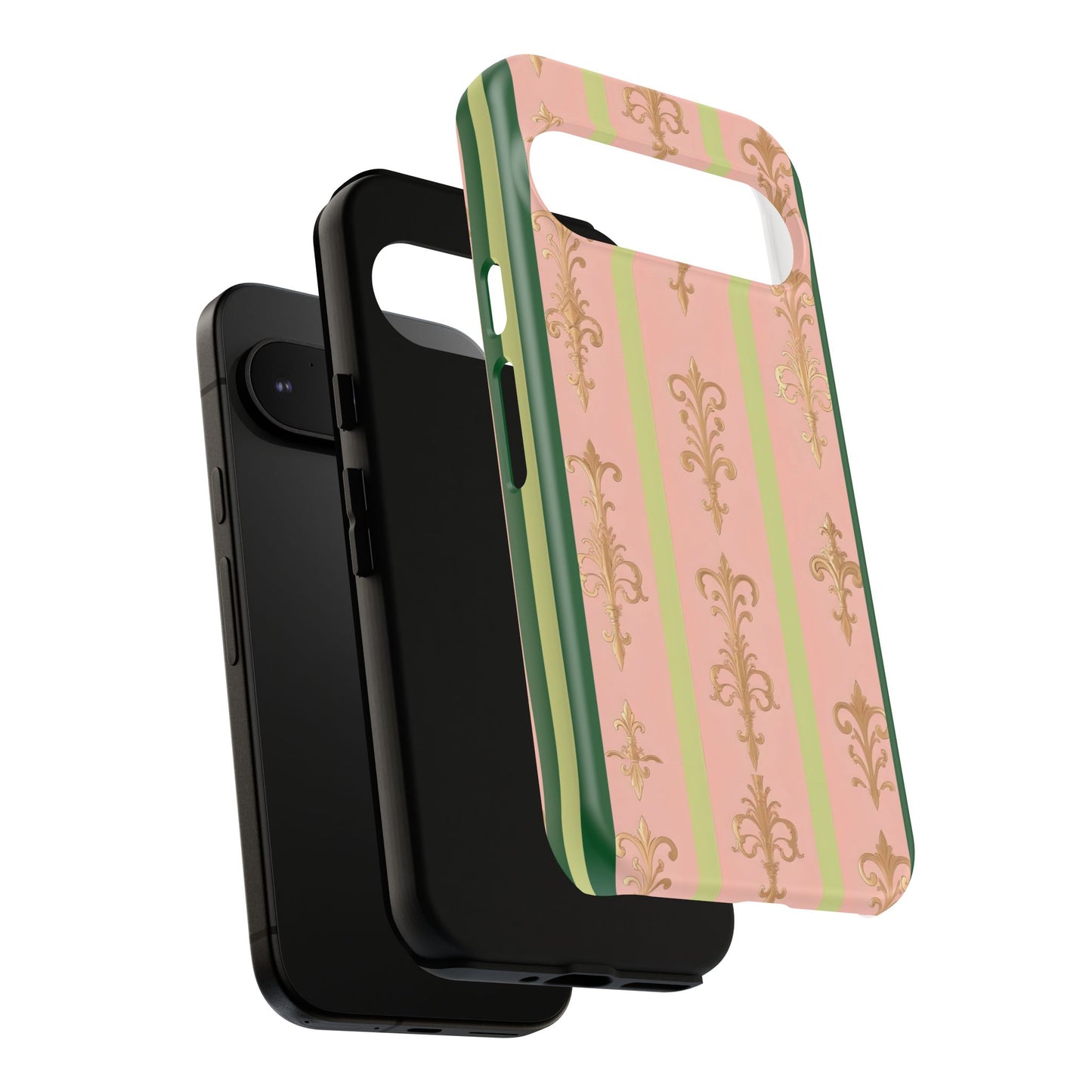 Elegant Floral Motif Phone Case - Tough Cases with Vintage Design - Lime Green & Pink Striped Damask