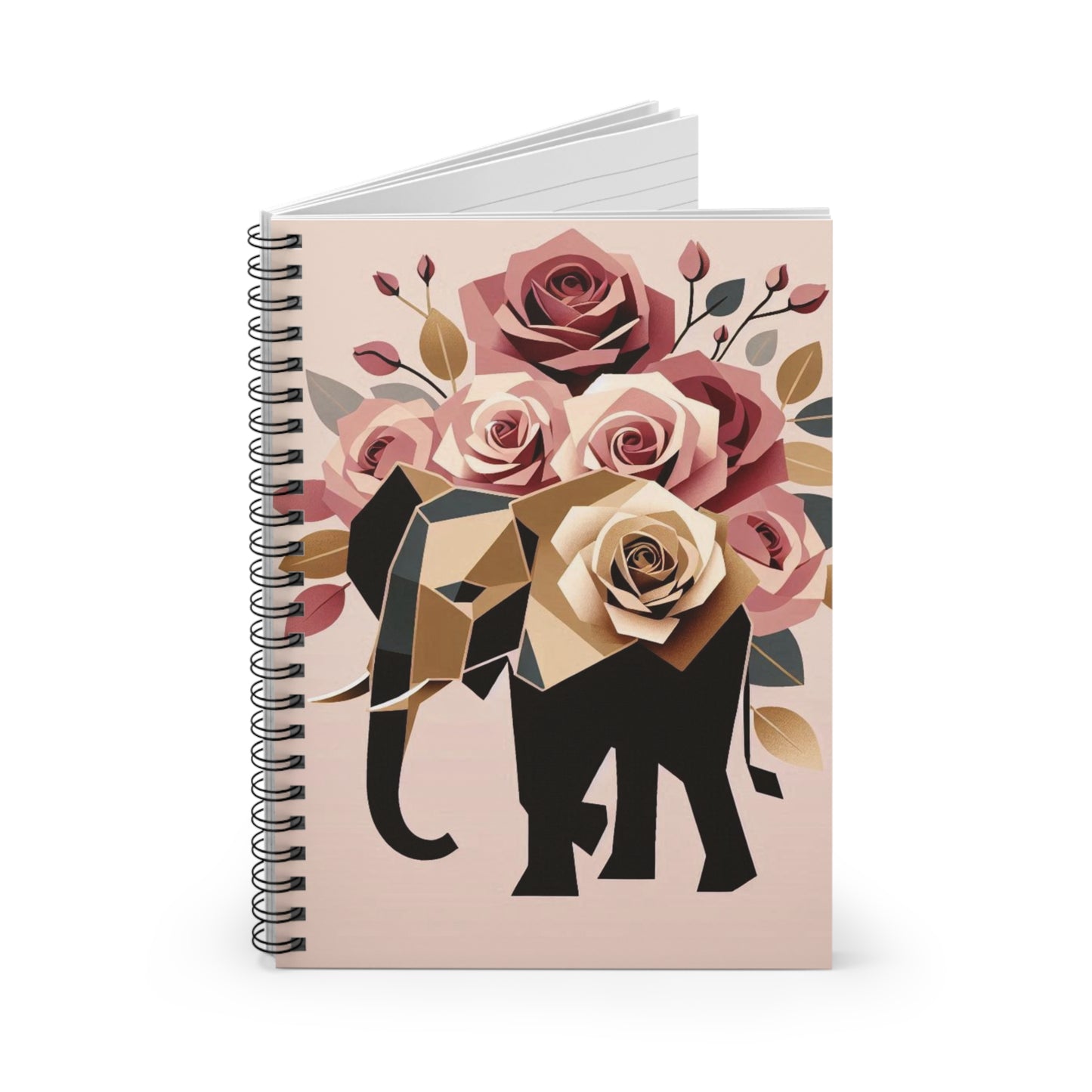 Stylish Elephant Spiral Notebook - Ruled Line with Floral Design -  Black & Gold Elephant & Roses Design