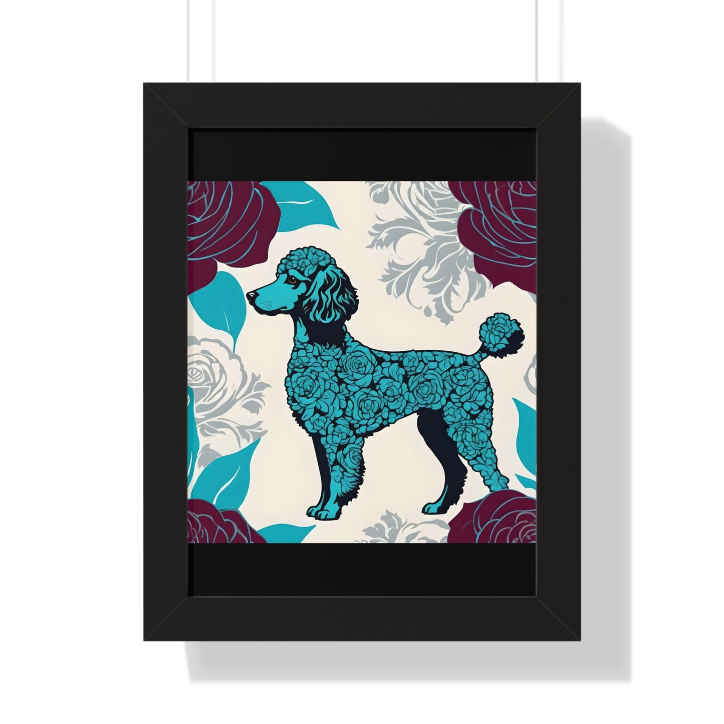 Vertical Poster - Stylish Framed - Art for Home Decor - Rose Inspired Turquoise Poodle With Burgundy Roses