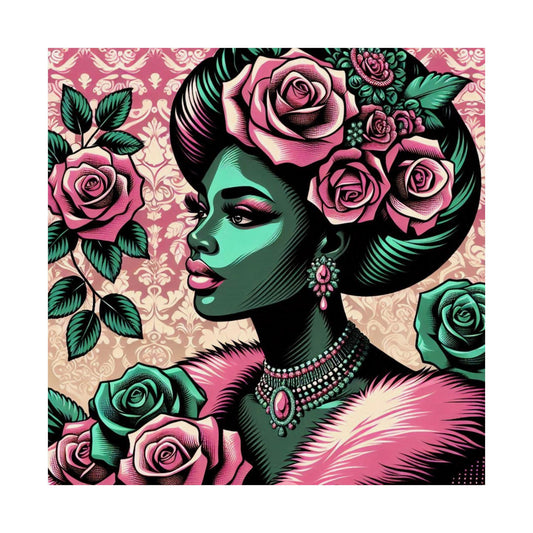 Floral Afro Art Poster - Elegant Matte Vertical Wall Decor - Emerald Green Lady With Damask & Roses