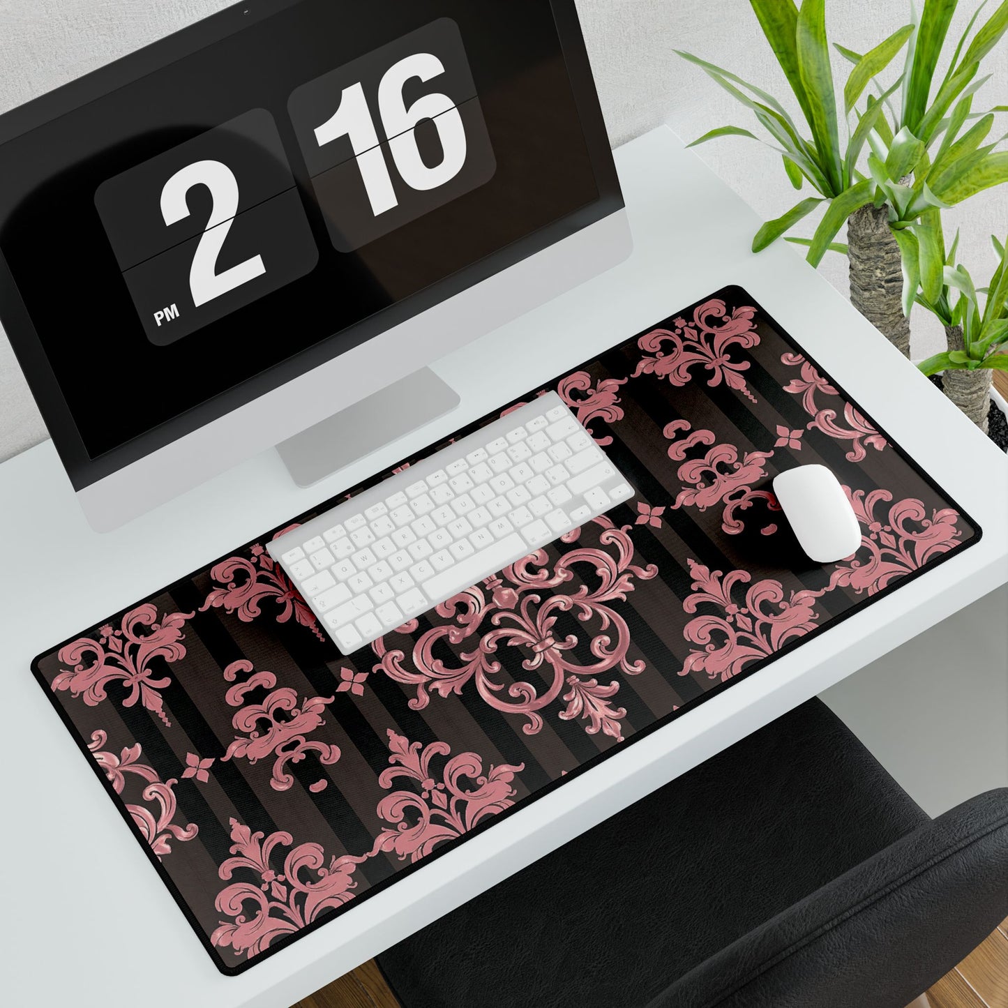 Elegant Floral Motif Desk Mat for Home Office Decor - Brown Striped Mauve Damask