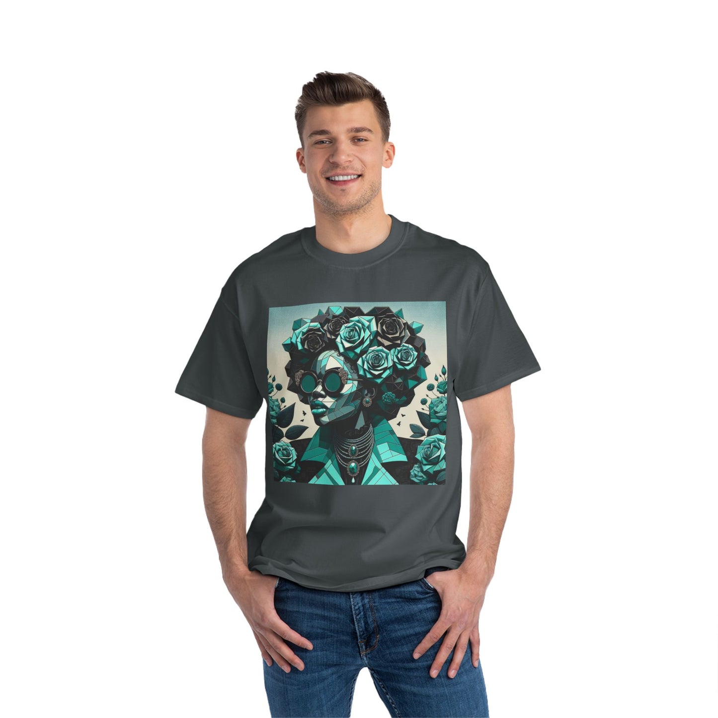Trendy Floral Graphic Tee | Artistic Short-Sleeve Shirt, Fashionable Summer Top, Chic Gift for Her - Turquoise & Black Roses Lady
