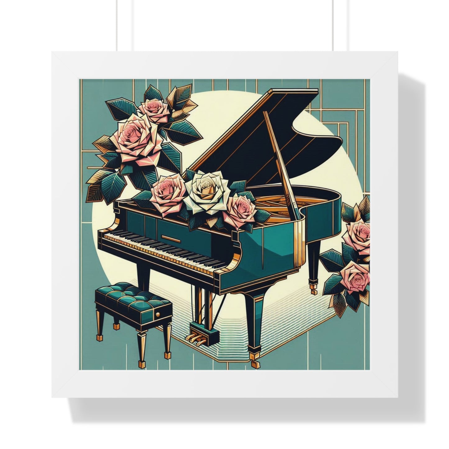 Vertical Poster - Teal Grand Piano & Roses Wall Art