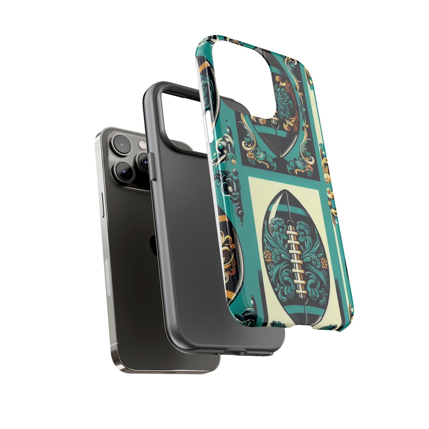 Elegant Floral Motif Phone Case - Tough Cases with Vintage Design -  Damask Teal, Gold & Black Footballs