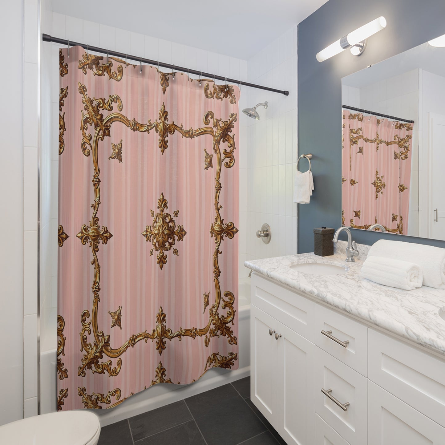 Elegant Vintage Floral Shower Curtain - Pink Striped Gold Baroque Design