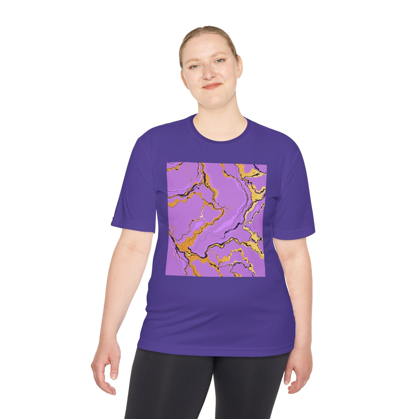 Unisex Moisture-Wicking Tee with Purple and Gold Marble Design - Athletic Shirt, Casual Wear, Fitness Apparel, Summer Style, Gift Idea
