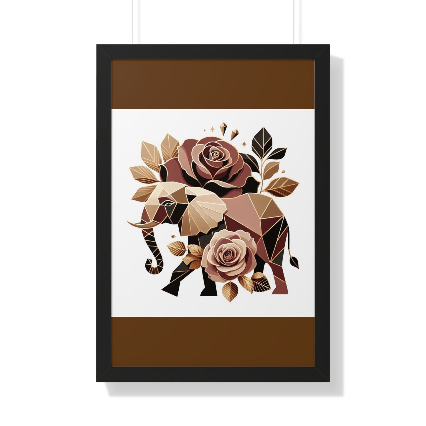 Vertical Poster - Brown & Gold Elephant & Roses Wall Art