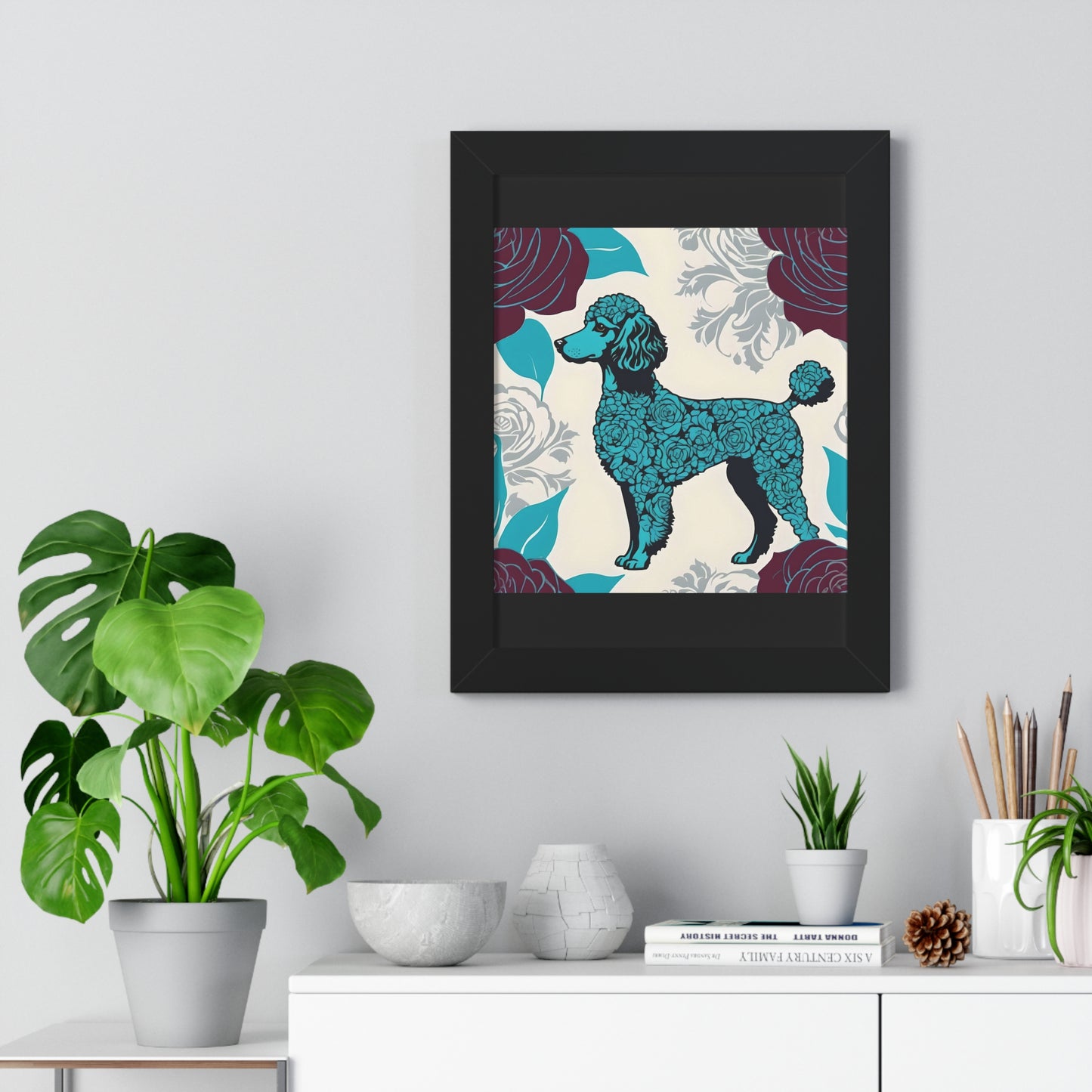 Vertical Poster - Stylish Framed - Art for Home Decor - Rose Inspired Turquoise Poodle With Burgundy Roses