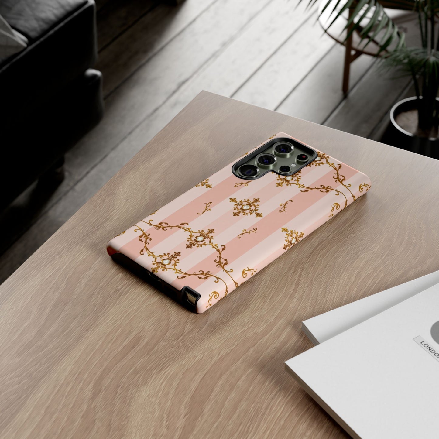 Elegant Floral Phone Case, Tough Cases for Women, Trendy Phone Cover, Chic Gift - Pink Jeweled Striped Gold Baroque