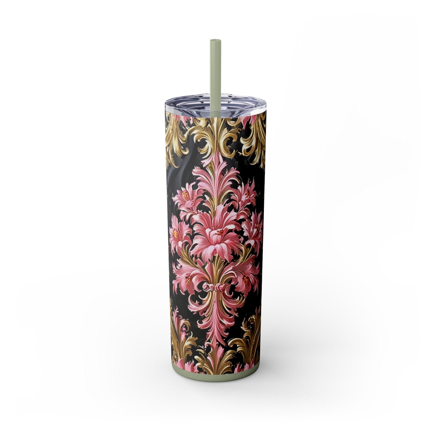 Chic Floral Skinny Tumbler with Straw, 20oz - Elegant Drinkware for Tea Lovers, Travel Mugs, Gifts for Her - Black & Pink Oil Painting Style Rococo