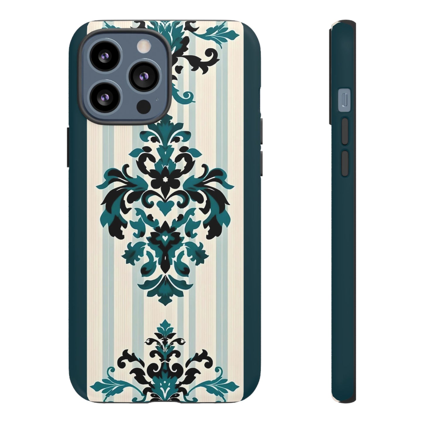 Elegant Floral Phone Case - Tough Cases with Vintage Design - Teal Striped Damask