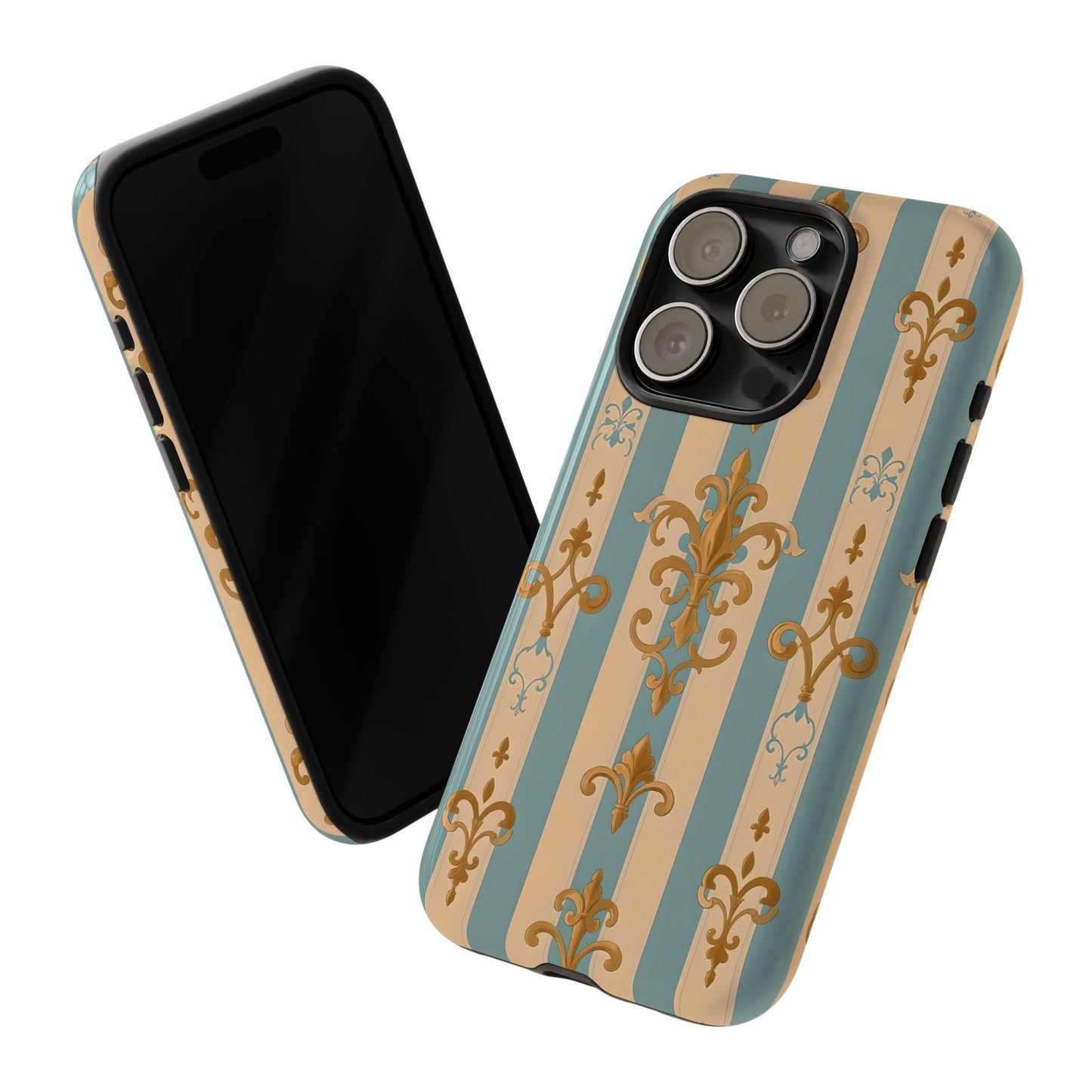 Elegant Floral Motif Phone Case - Tough Cases with Vintage Design -  Beige & Sky Blue Striped Gold Damask