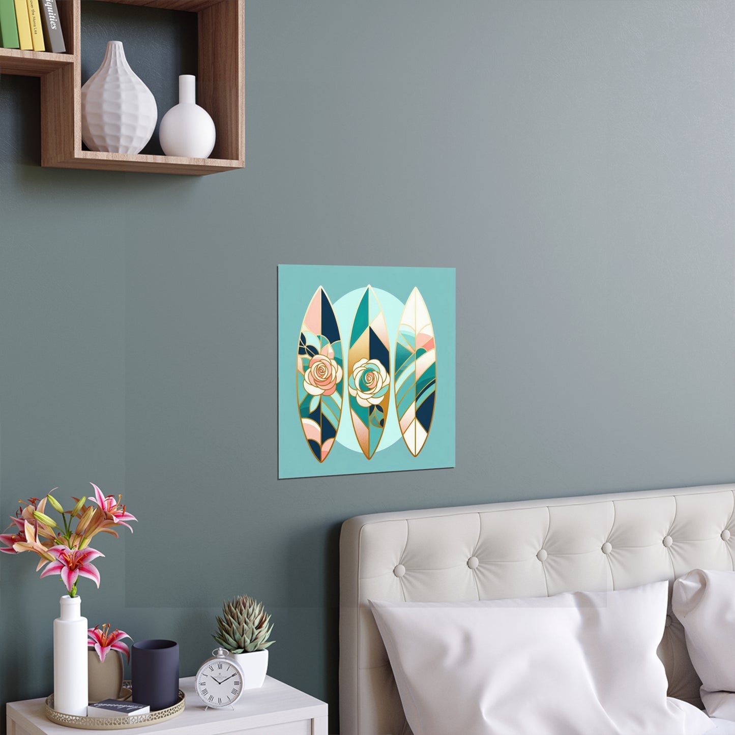 Elegant Floral Silk Poster - Indoor/Outdoor Wall Art for Home Decor - Blue, Pink & Aqua Surfboard & Roses