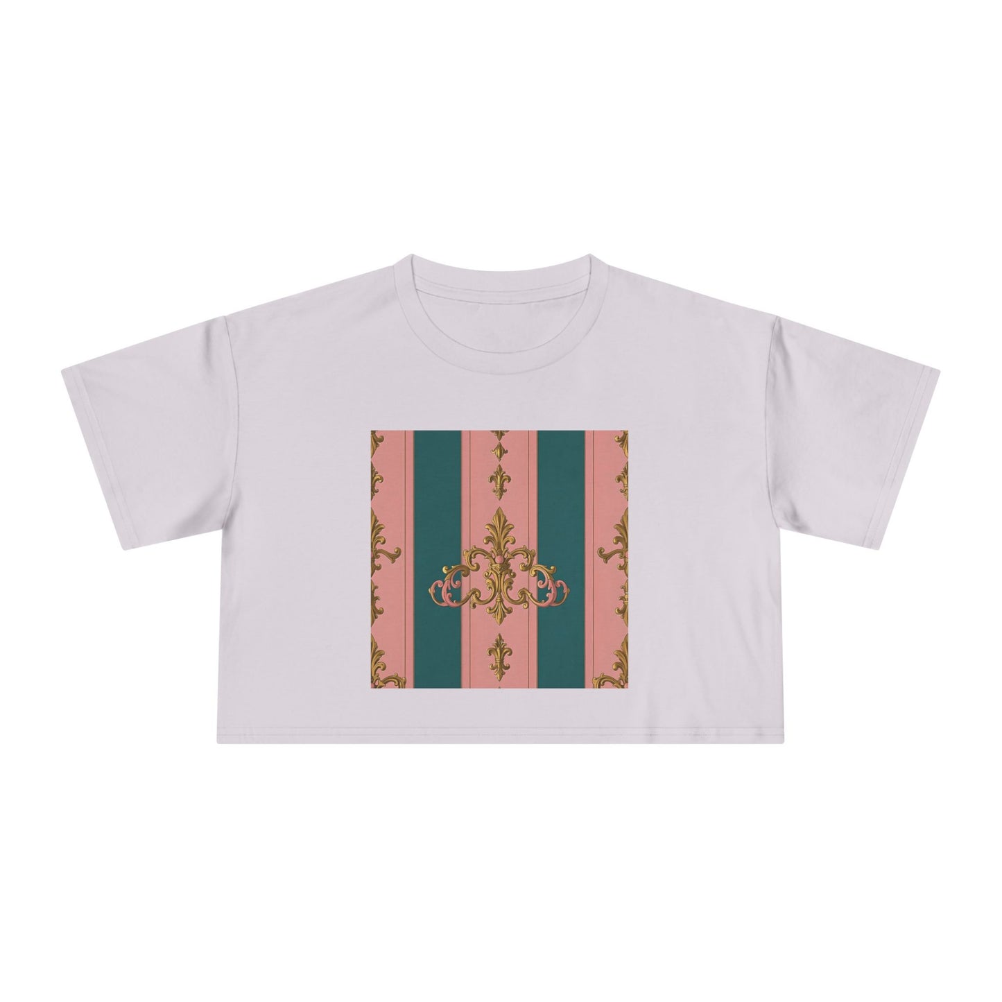 Baroque Vintage Women's Crop Tee, Casual Top, Summer Fashion, Trendy Shirt, Graphic T-Shirt, Gift for Her - Pink & Teal Striped Gold Baroque