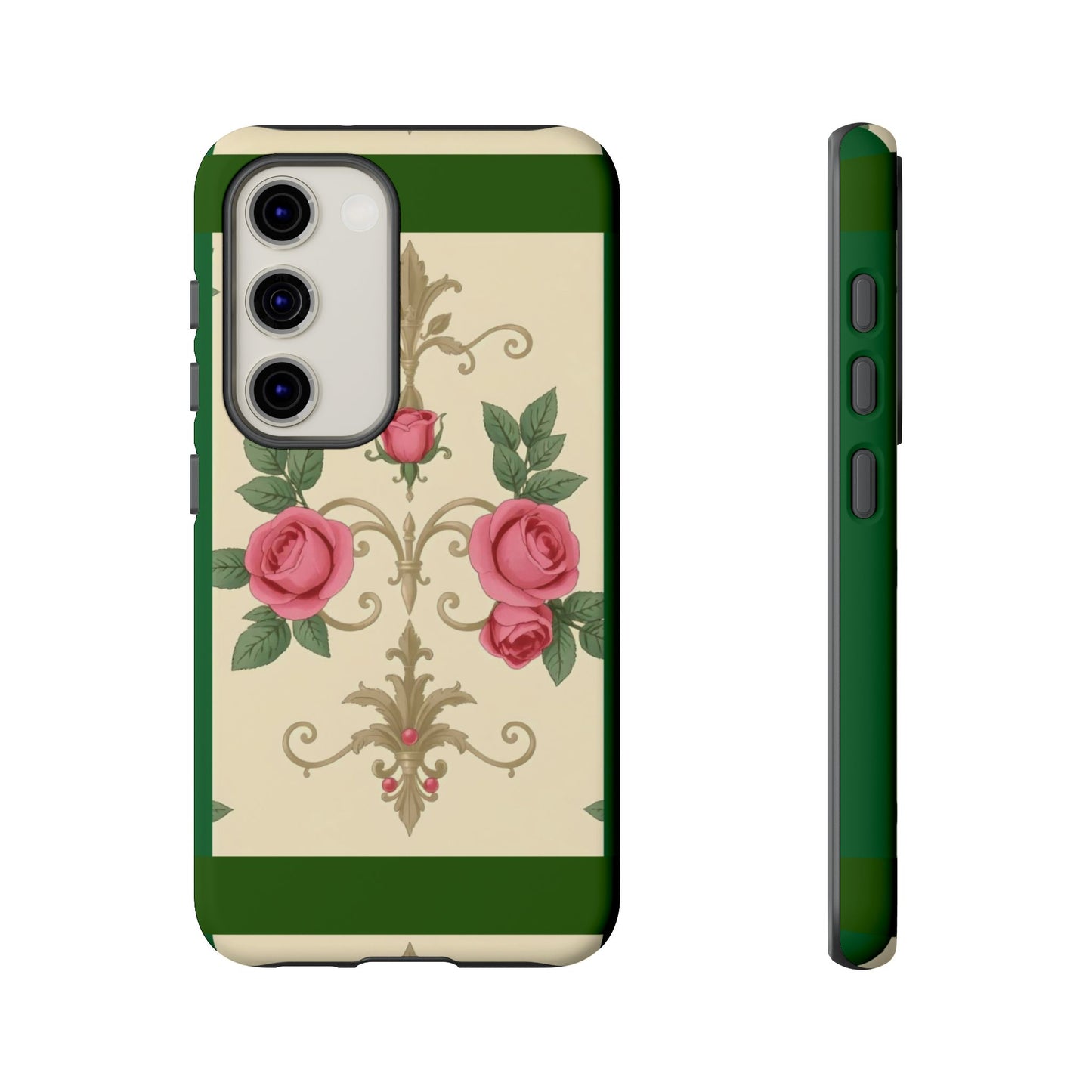 Elegant Floral Motif Phone Case - Tough Cases with Vintage Design - Green Border Roses & Damask