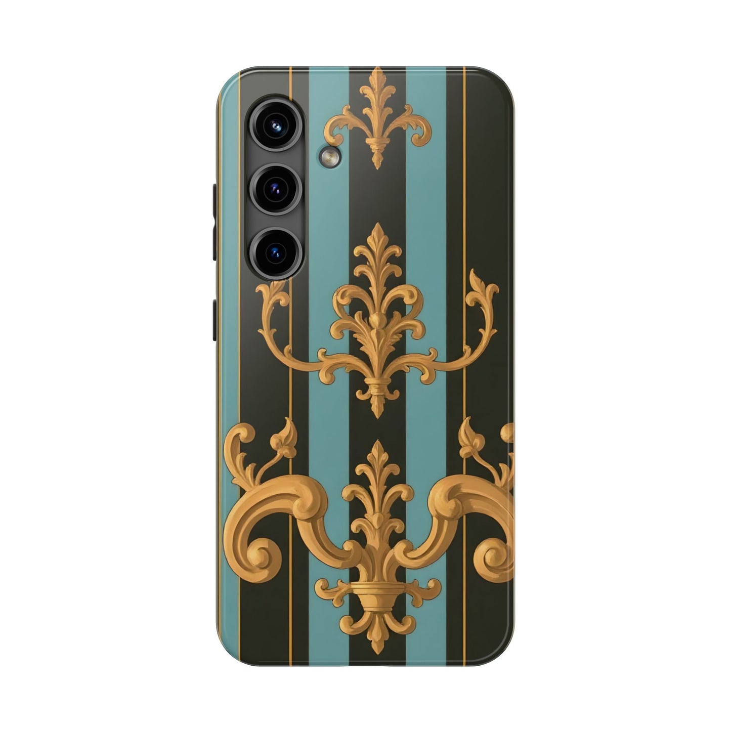 Elegant Baroque Tough Phone Case, Stylish Phone Cover, Durable iPhone Case, Unique Gift - Black & Turquoise Striped Baroque