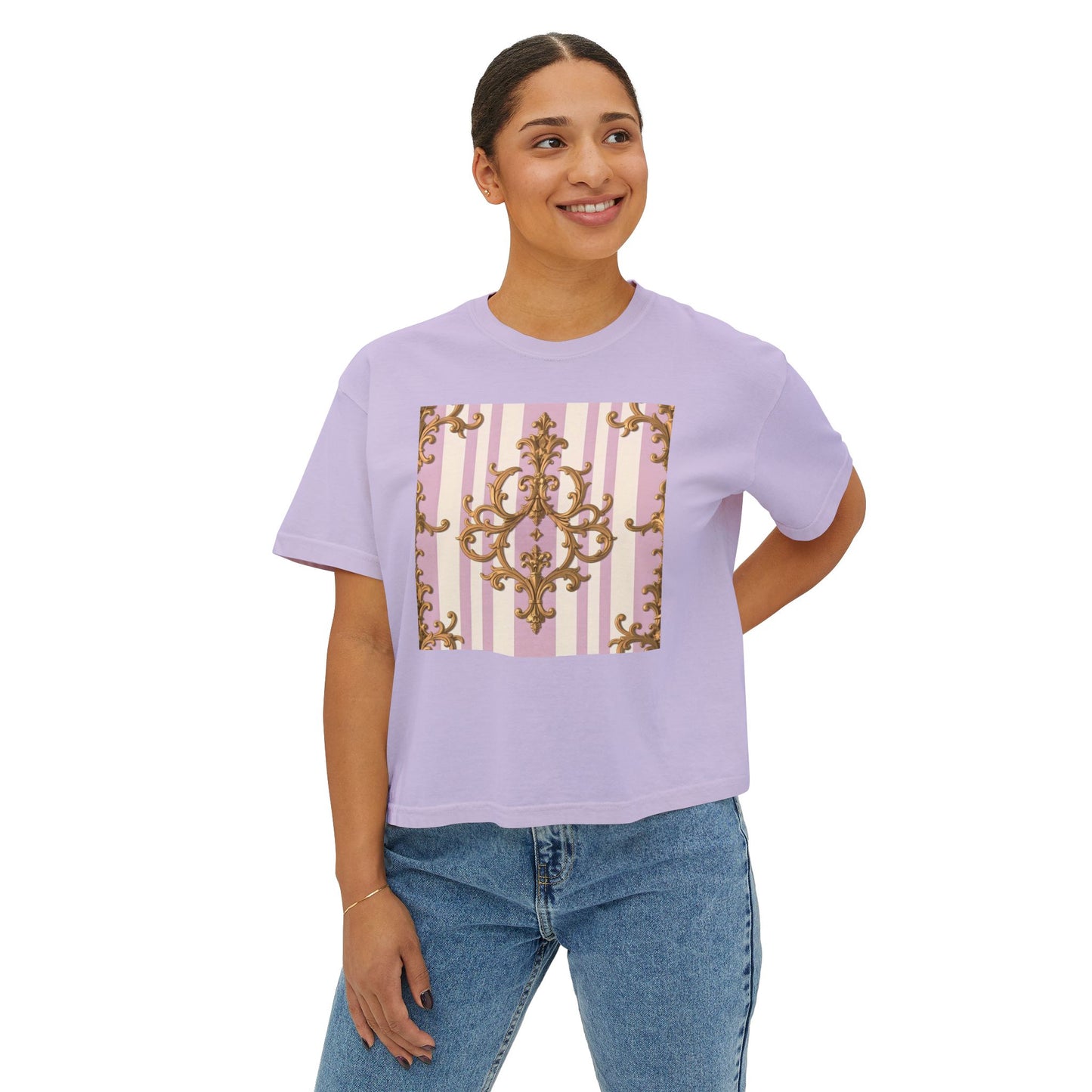 Chic Baroque Women's Boxy Tee, Stylish Cropped T-Shirt, Casual Top, Summer Boxy Tee, Baroque Print Shirt - Lilac & Alabaster Striped Gold Baroque