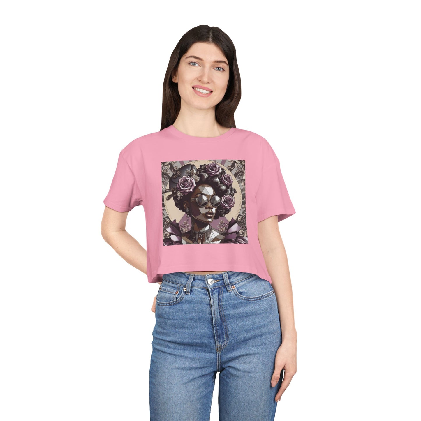 Poly Art Chic Women's Crop Tee - Floral Art Inspired Shirt, Casual Summer Wear, Festival Top, Vintage Style - Lilac Baroque Lady