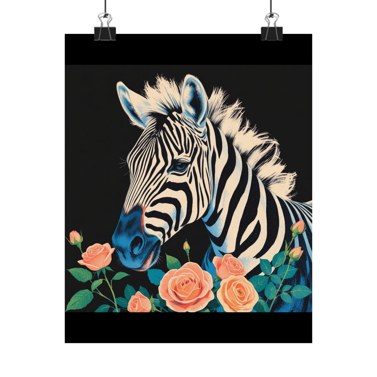 Floral Art Poster - Elegant Matte Vertical Wall Decor - Blue Zebra & Roses