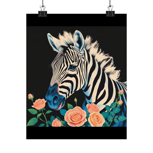 Floral Art Poster - Elegant Matte Vertical Wall Decor - Blue Zebra & Roses