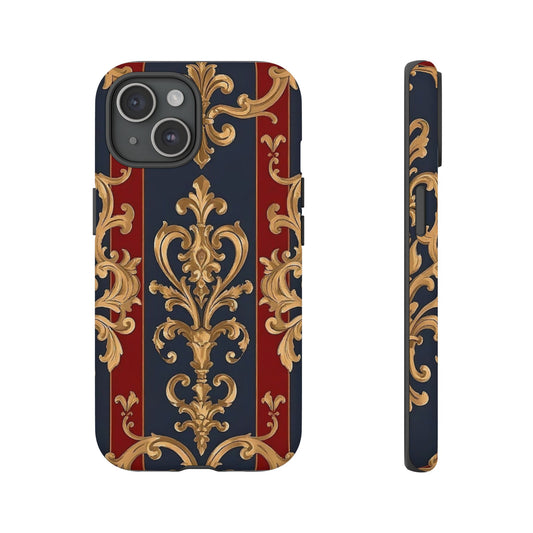 Elegant Floral Motif Phone Case - Tough Cases with Vintage Design - Midnight Blue & Dusk Red Striped Gold Damask