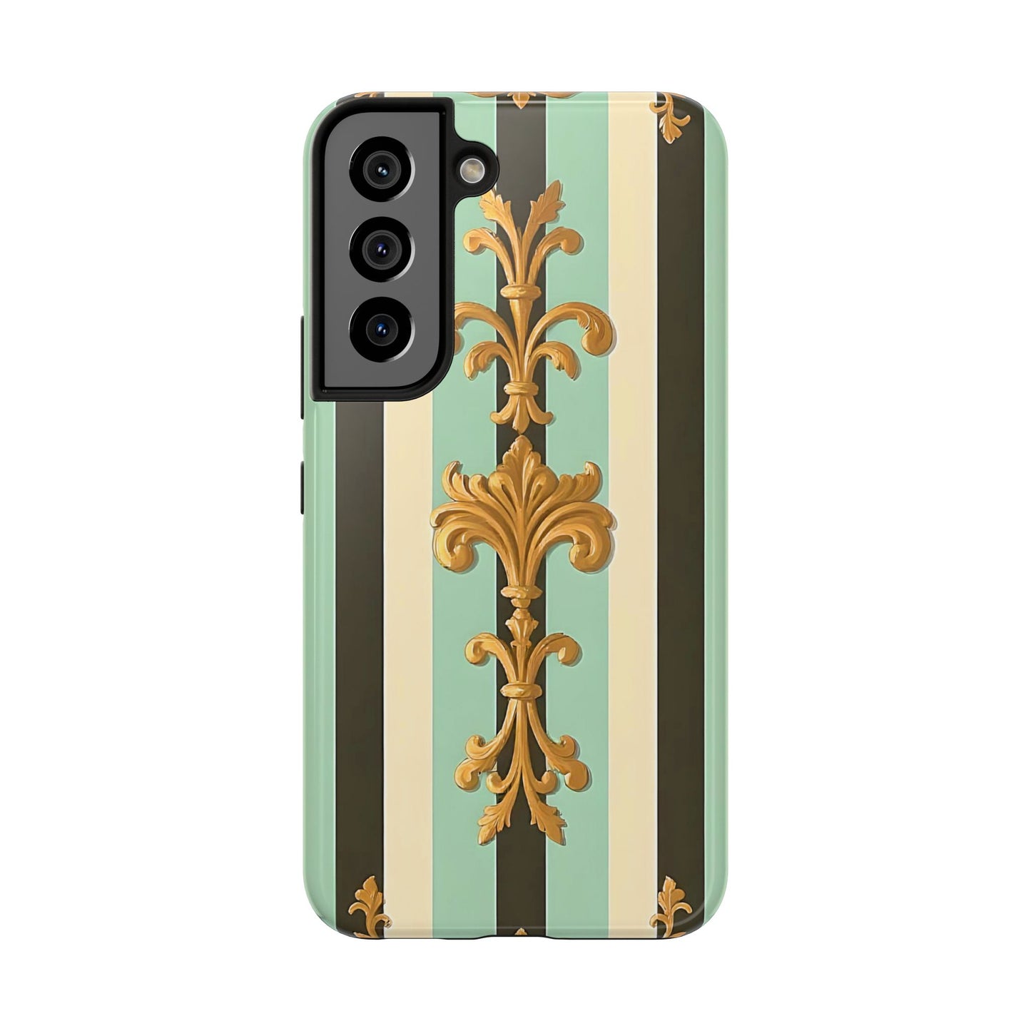 Elegant Floral Tough Phone Cases - Stylish Protection for All Occasions, Gifts for Her, Phone Covers - Black & Matte Mint Striped Rococo