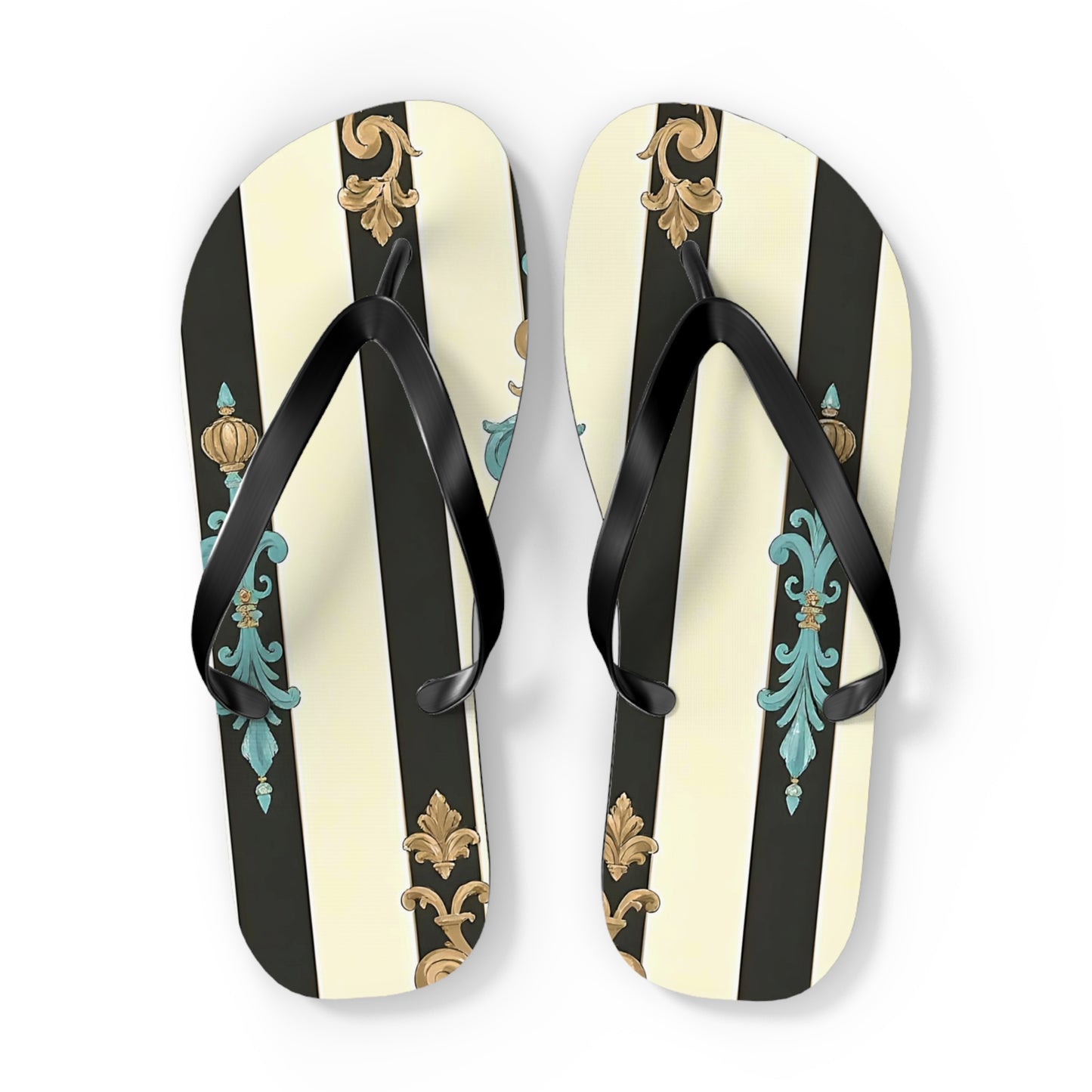 Stylish Flip Flops | Beach Sandals, Summer Footwear, Vacation Getaway, Casual Summer Style - Black Striped Turquoise & Black Rococo