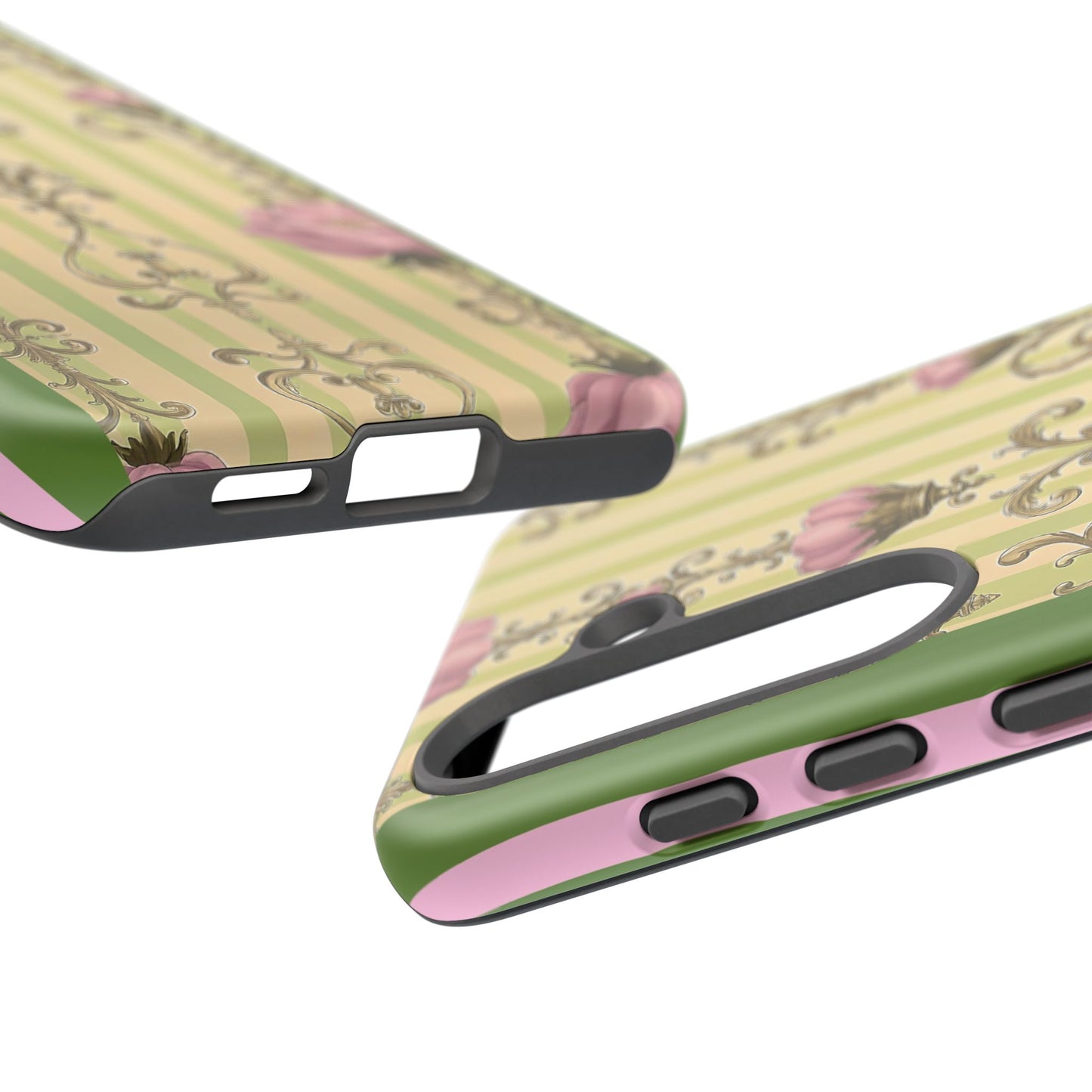 Elegant Floral Motif Phone Case - Tough Cases with Vintage Design - Lime Green & Pink Striped Damask