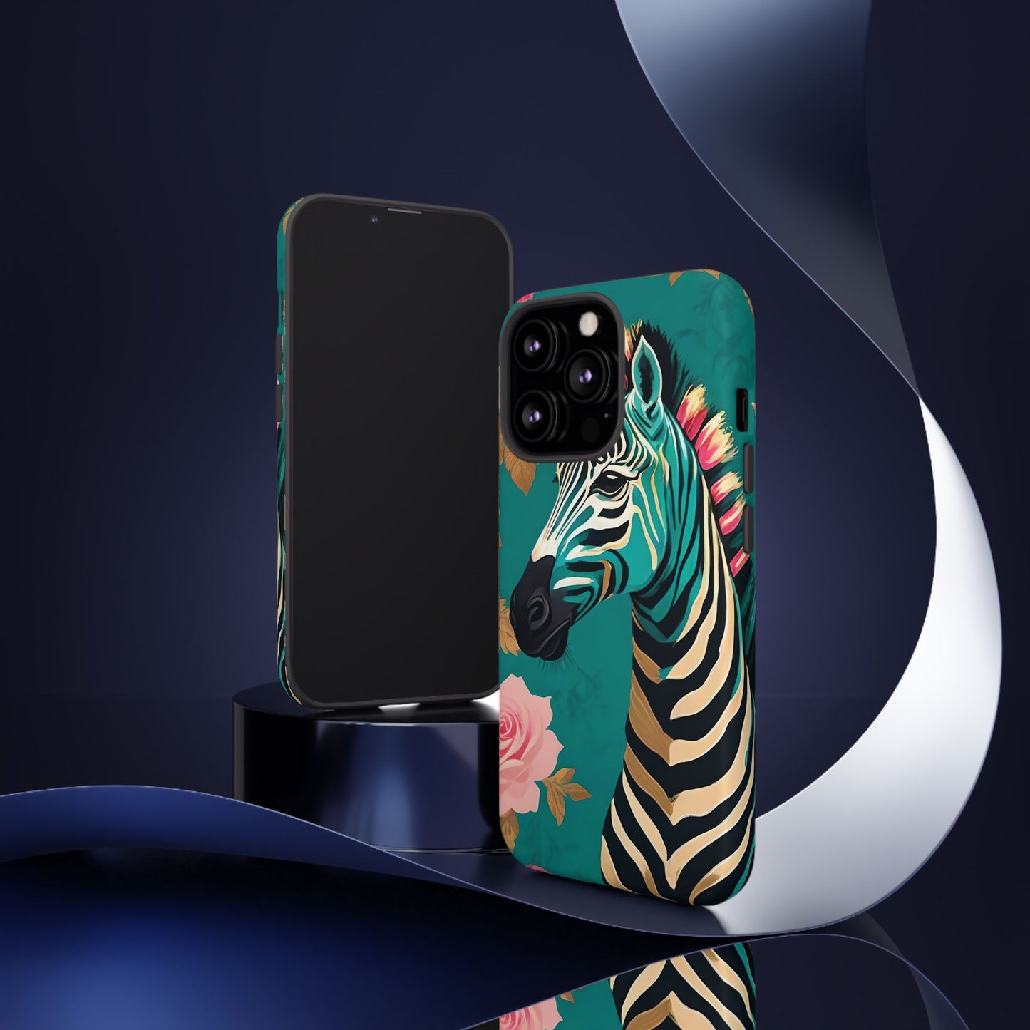 Phone Case - Elegant Teal & Gold Zebra & Roses Design