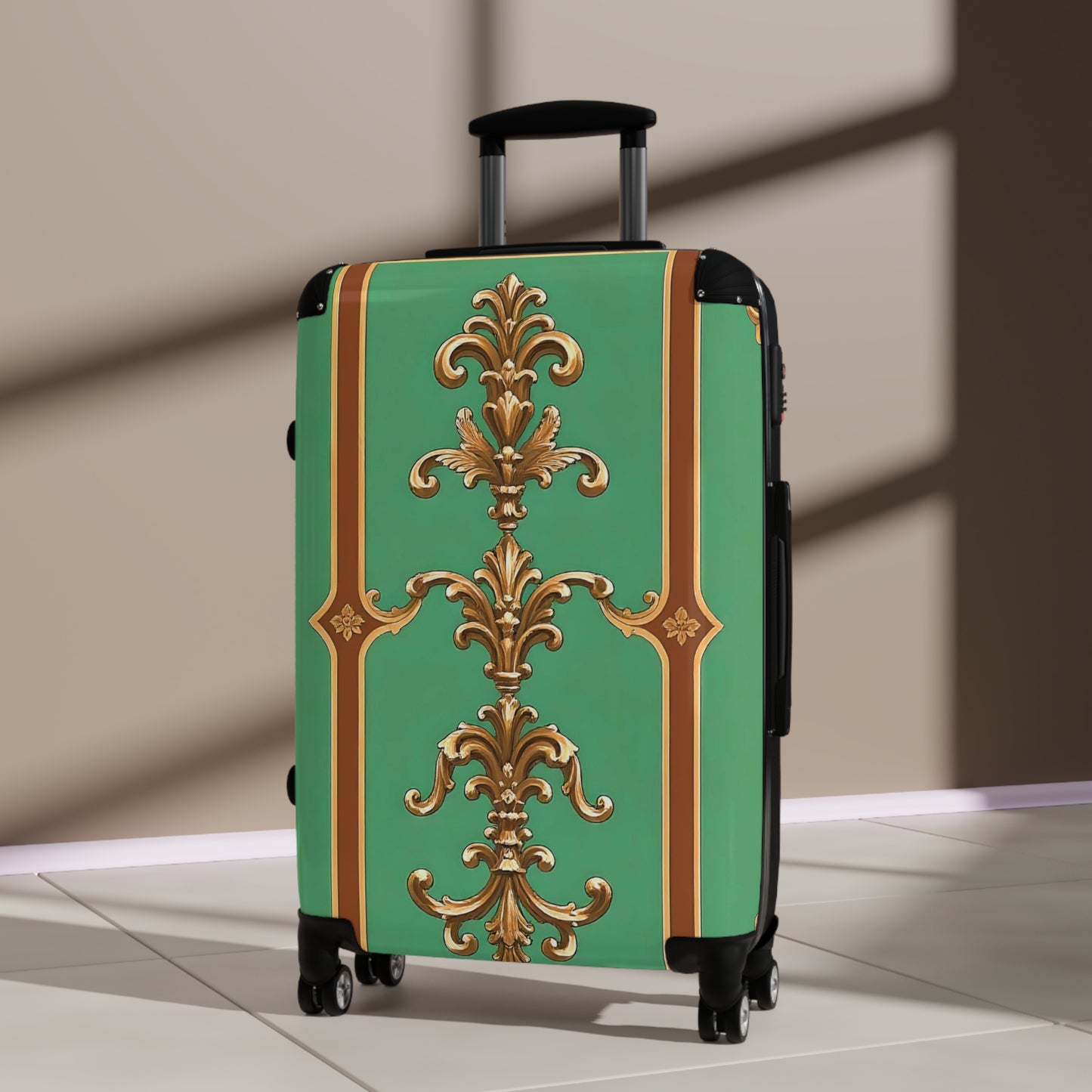 Luxury Ornate Design Suitcase - Travel in Style - Rust & Green Striped Baroque