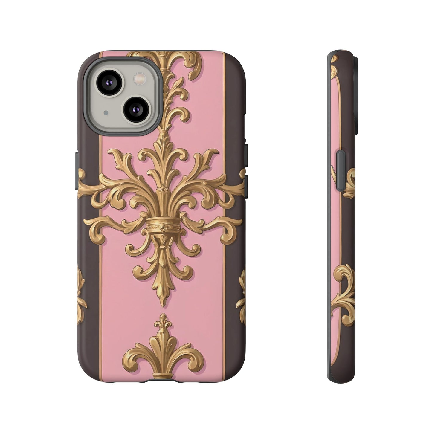 Elegant Floral Motif Phone Case - Tough Cases with Vintage Design - Pink & Brown Striped Gold Damask
