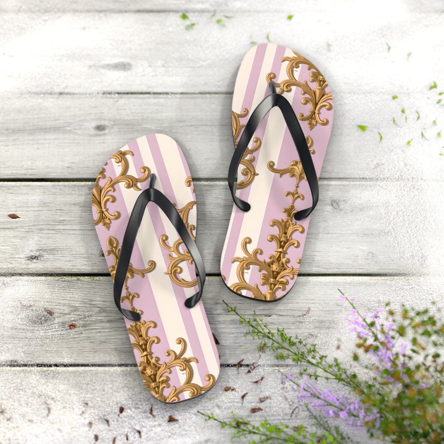 Chic Patterned Flip Flops for Stylish Summer Vibes, Beach Footwear, Vacation Sandals - Lilac & Alabaster Striped Gold Baroque