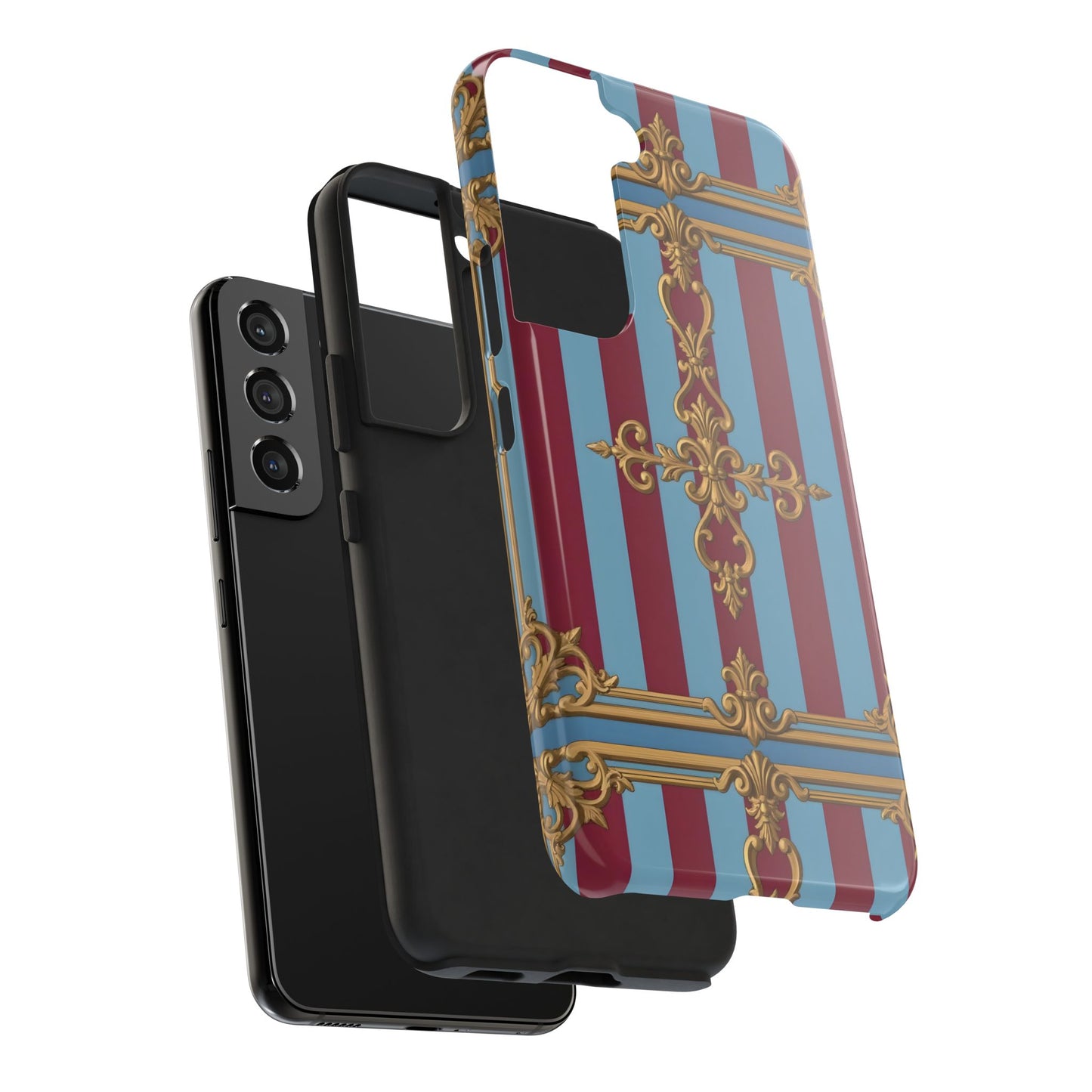 Elegant Patterned Tough Phone Cases, Stylish Phone Cover, Durable Phone Protection, Unique Gift Idea - Sky Blue & Maroon Striped Baroque