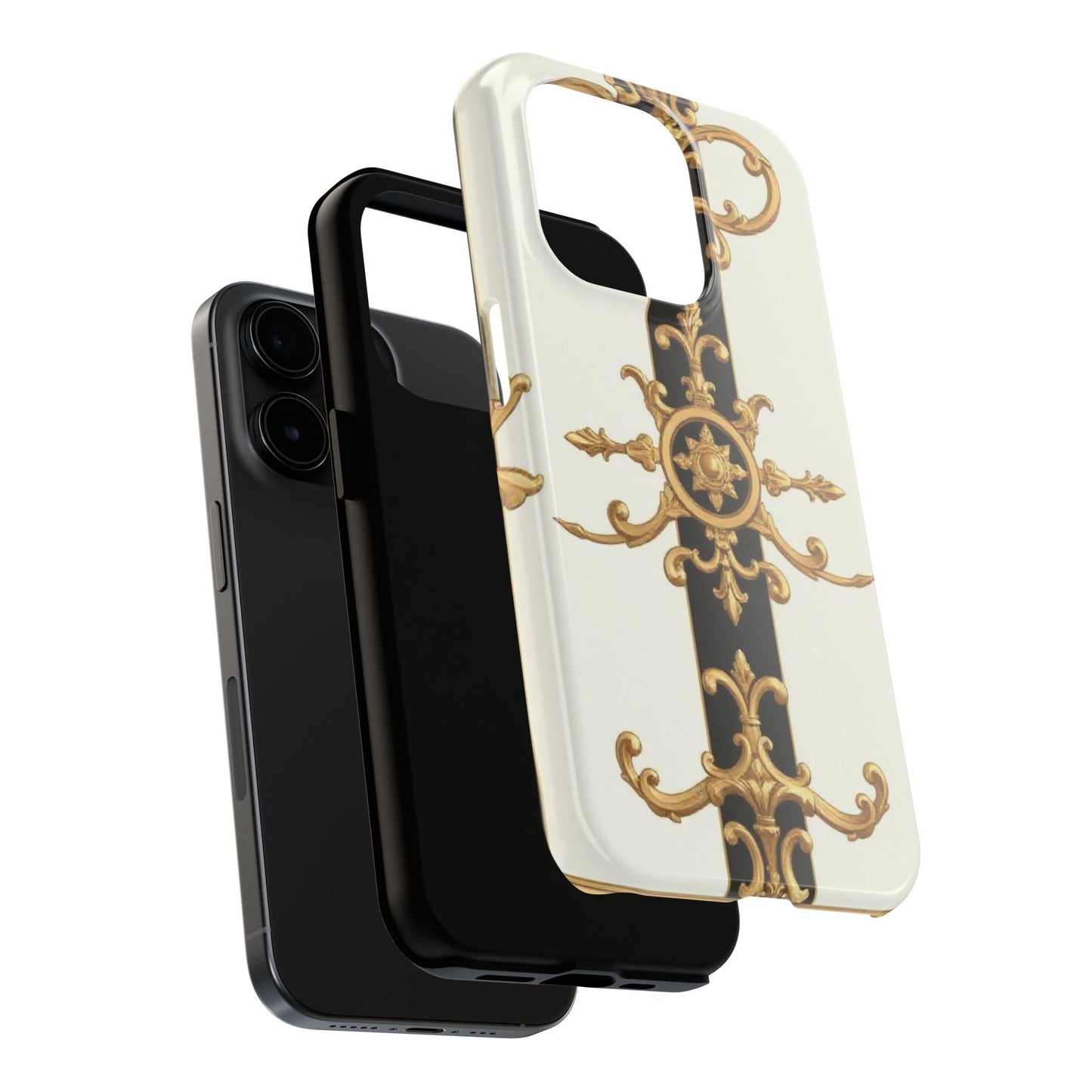 Elegant Baroque Tough Phone Case | Stylish Protection for Your Device, Gift for Her, Phone Accessories - Black & White Striped Gold Baroque